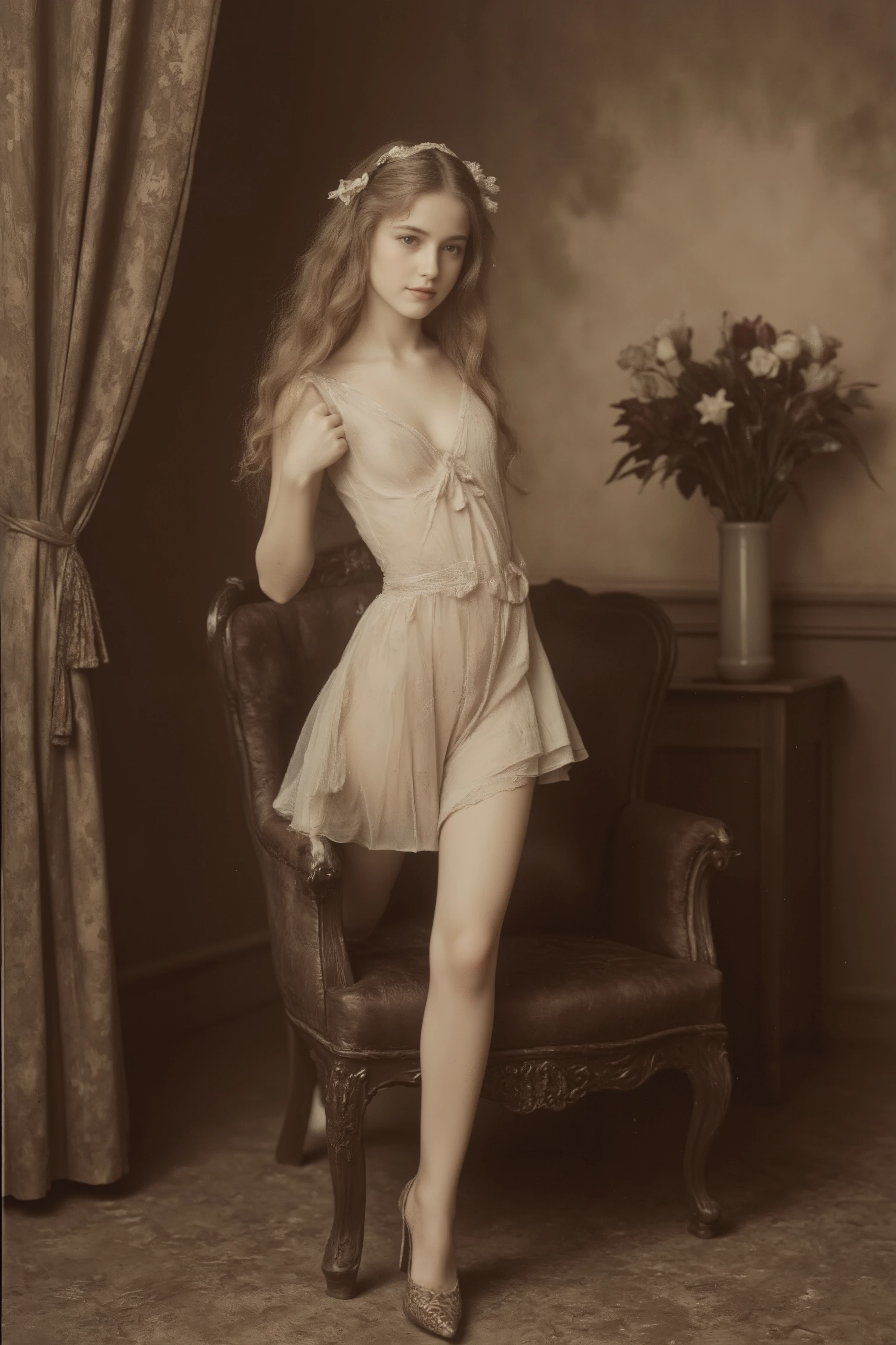antqgldnCE style, NSFW,
Full-body photo of a young prostitute Marie Antoinette for advertising,
This photo was taken in a high-class brothel,
19th century photograph, antique photograph, sepia-toned photograph, natural smile, Her name, Her price, Photo date, The photograph was partially hand-tinted,