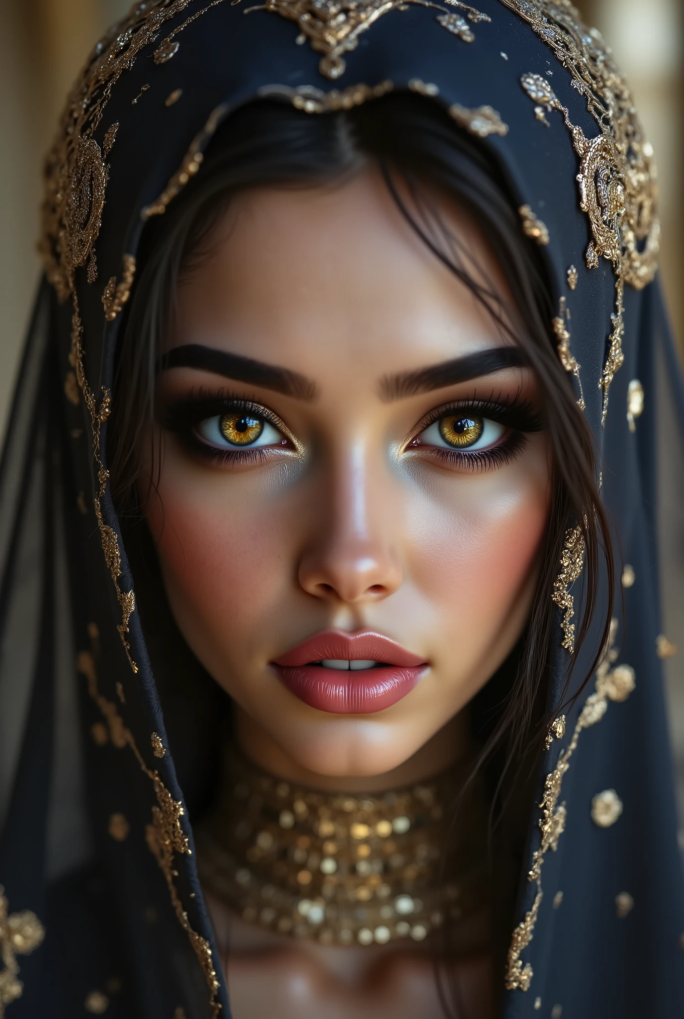 Portrait of an Arab princess, fairy tale image, Fantastic backgrounds, magical atmosphere, she has a veil-mask and falling fringes (gold-chaining) cover the lower part of the face:1.33, Ultra-realistic (photorealistic Realism), (ultra realistic texture details: velvety skin, hair), (dark hair (short hair)((slicked to one side)), Intricately detailed:1.3),(Key Directive: - ("The priority is the anatomical accuracy and texture of the materials" - "Ultra-sharp human eyes with biological accuracy") { "Eyes: (acid-resistant terminology) (macro-details:1 . 5): * Moist corneal surface (visible aqueous layer:1 . 2) * Hyper-detailed iris stroma ((brown) with gold flecks) * Precise limbal ring (slightly darker pigmentation:1 . 22) * Pupil micro-texture (irregular edge authenticity:0 . 9) * Vasculature in sclera (subtle red veins radiating from limbus)" - "Lashes: blue individual synthetic fibers (crosshatched roots:1 . 2 , clump-free separation)" Technical Specs: (Optics: - "Zeiss Otus85mm f/1 . 4 lens (eye refraction calculations:1 . 3)" - "Shutter Speed:1/500 (freeze eye micro-movements)" - "Focus Stacking:7-point coverage on iris plane"), ((blonde hair (very short hair:1.45)((slicked to one side:1.4)), intricately details:1.41), (Post-Processing: - "Frequency separation for skin vs eye details" - "Selective sharpening: eyes170% , hair150%" - "Denoise: luminance20 , color35 (retain corneal speculars)") (Avoid: "pupil distortion , uncanny valley asymmetry , plastic-like wetness")