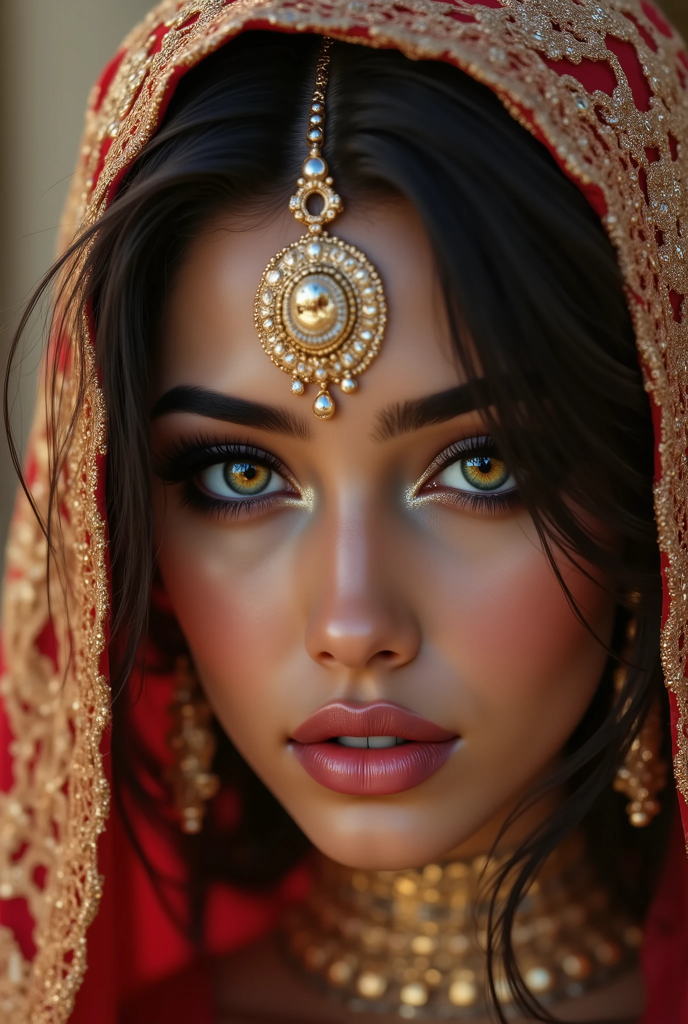  Portrait of an Arab princess, fairy tale image, Fantastic backgrounds, magical atmosphere, she has a veil-mask and falling fringes (gold-chaining) cover the lower part of the face:1.33, Ultra-realistic (photorealistic Realism), (ultra realistic texture details: velvety skin, hair), (dark hair (short hair)((slicked to one side)), Intricately detailed:1.3),(Key Directive: - ("The priority is the anatomical accuracy and texture of the materials" - "Ultra-sharp human eyes with biological accuracy") { "Eyes: (acid-resistant terminology) (macro-details:1 . 5): * Moist corneal surface (visible aqueous layer:1 . 2) * Hyper-detailed iris stroma ((brown) with gold flecks) * Precise limbal ring (slightly darker pigmentation:1 . 22) * Pupil micro-texture (irregular edge authenticity:0 . 9) * Vasculature in sclera (subtle red veins radiating from limbus)" - "Lashes: blue individual synthetic fibers (crosshatched roots:1 . 2 , clump-free separation)" Technical Specs: (Optics: - "Zeiss Otus85mm f/1 . 4 lens (eye refraction calculations:1 . 3)" - "Shutter Speed:1/500 (freeze eye micro-movements)" - "Focus Stacking:7-point coverage on iris plane"), ((blonde hair (very short hair:1.45)((slicked to one side:1.4)), intricately details:1.41), (Post-Processing: - "Frequency separation for skin vs eye details" - "Selective sharpening: eyes170% , hair150%" - "Denoise: luminance20 , color35 (retain corneal speculars)") (Avoid: "pupil distortion , uncanny valley asymmetry , plastic-like wetness")
