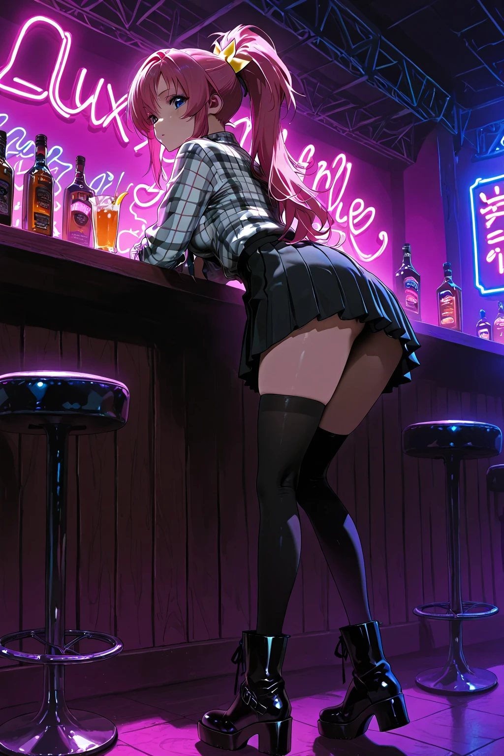 score_9, score_8_up, score_7_up, score_6_up,
view from behind, sitting, crossing legs, <lora:tohsaka_by_wizard:0.9> ,tohsaka_by_wizard, in bar,