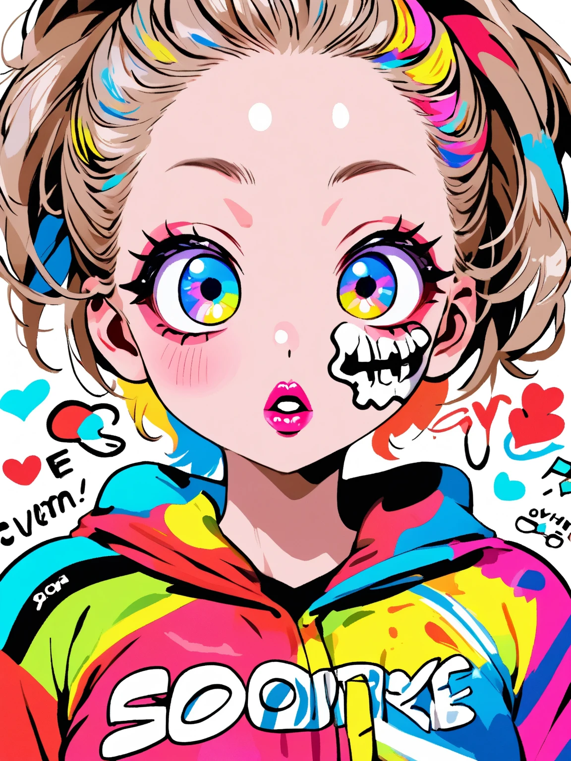 masterpiece,best quality,amazing quality,very aesthetic,absurdres,newest,highly detailed,highres, close-up portrait, beautiful,(gyaru:1.3), inoue orihime,orange hair,long hair,brown eyes,white eyeshadow, black eyeliner, Shiny skin,pink lipstick,white collared shirt,simple background,blue background,fellatio gesture,one hand,depth of field,flirty,looking at viewer,from the side, ((decora, accessories)), clean lines,smooth lines,sharp,gigantic , (necklaces, bracelets, rings)