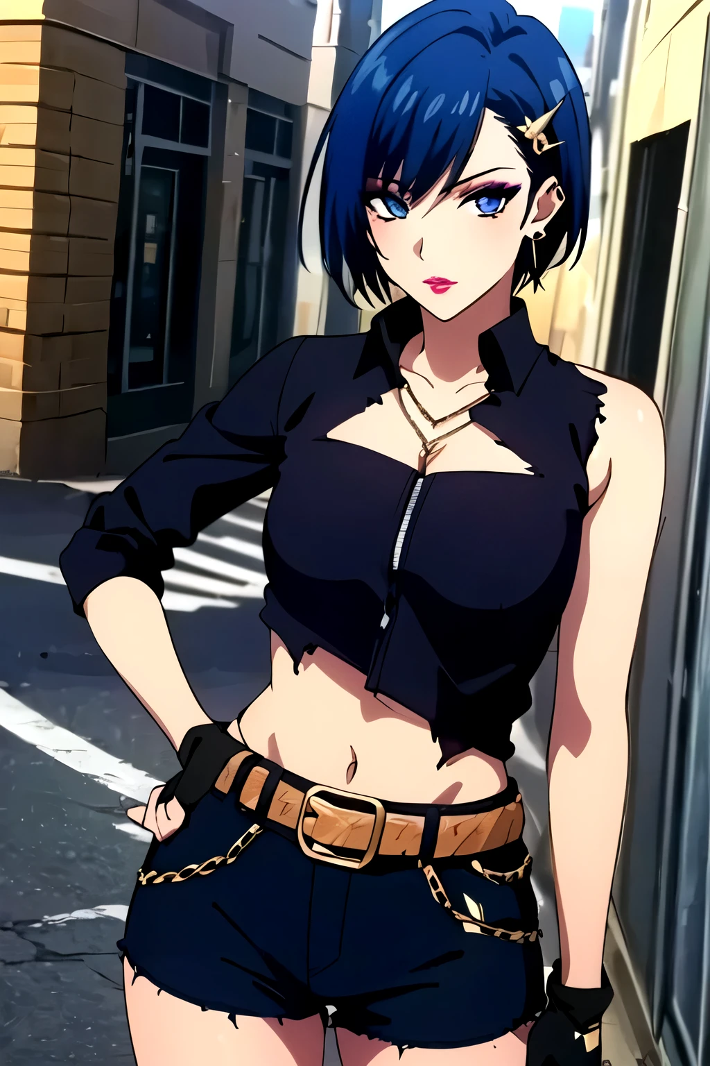 (masterpiece, best quality, high resolution, 8k:1.2), (anime coloring:1.2), highly detailed, tachibana, (medium breasts), blue eyes, short hair, blue hair, beautiful eyes, perfect eyes, fine eyes, brown eyes, featuring big highlights, detailed face, highly detailed, fine eyes, (beautiful face, beautiful eyes, symmetrical eyes), (mature face), 1girl, alone, (street rock fashion, (ripped clothes:1.3), thighs, fingerless gloves, fedora, belt, earrings, street corner), (makeup, false eyelashes, hair ornament, earrings, natural lip:1.4), looking at the viewer, in the center of the image, (cowboy shot:1.2), dutch angle,