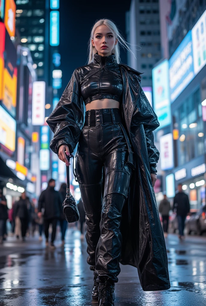 (anime:1.3), (all body shot, fashion portrait:1.6), ultra detailed, beautiful, masterpiece, best quality, _ BREAK (1girl:1.2), 22 years old, 160 cm, Japanese cute model, (Tightened all body, medium Breasts:1.4), small head, small face, diamond Face, small nose, Sharp Faceline, young hands and fingers, beautiful hands and fingers, five fingers, _ BREAK (Glossy Lips:1.3), (Light color lips, Half open mouth, beautiful Teeth:1.2), (dropy eyes, Double eyelid, light color eyes:1.4), _ BREAK (arranged hairstyle:1.3), (gray hair:1.3), _ BREAK (gray background:1.4), Fog, mist, _ BREAK (wide angle,all body shot:1.6), (standing:1.3), (cool model posing:1.4), (from front white lightning), BREAK (Geometric Cyber punk theme:1.6), (black and white theme:1.4), (turtle neck:1.2), (Soft nylon oversize Bomber jacket:1.5), (Wide, short, baggy jacket:1.2), (1/4 short Length jacket:1.2), (Wide hem:1.2), (Close the zipper:1.2), BREAK (low Waist casual A-line maximum Mermaid skirt:1.4),(perfect and Detailed wear:1.4), (Cyber punk hi cut technical Sneaker:1.4), (A lot of cyberpunk accessories:1.4)