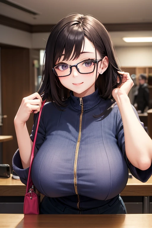 Meisterwerk, (realistisch), high-res, hochdetailliert, kompliziert, Beautiful women, rote Haare, blaue Augen, Sommersprossen, detailliertes Gesicht, looking at viewer, showing , smile, huge , in Classroom, lehnen,  teacher, downbluse, glasses