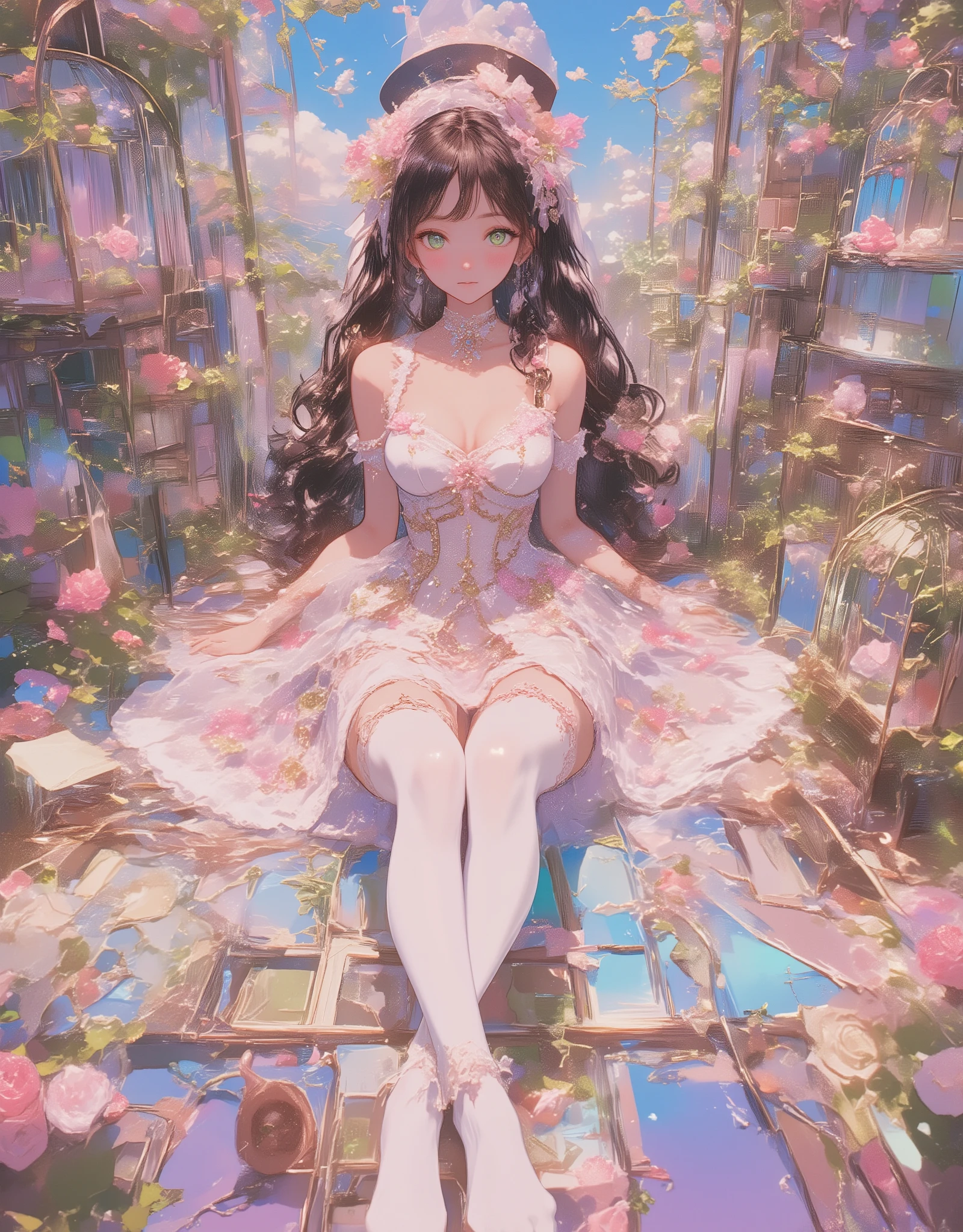 Perfect body 30y Lolita girl in a birdcage legs focus (SFW girl spreading perfect 02 legs:1.9,  Panties showcase:1.1), Lolita girl all i frame, alone , SFW pantie showcase between spreading legs (focus on pantihoses:0.9) , The woman is siiting alone, she is wearing white see-trought thin lace nuisette and white pantyhose,( stylish pantyhose :1.4), sleeveless,,  pose,  expression, wet glowing green eyes, shy, loving, very embarrased (blushing:0.9), sweet smile closed mouth, Wearing ribbons and Lolita dresses, Colorful rose flowers around, Rose vines tangled around a birdcage, Fairytale illustration. Baron the cat in a hat and tuxedo style image. Pastel Gradient, "Lollipop pink Showcase Syndrome", mesmerizing SFW artwork, Impressive lingerie creativity. (best quality, high resolution, masterpiece:1.2), Super detailed, surreal, egmid,  one girl alone showing off!!!, perfect body and pose