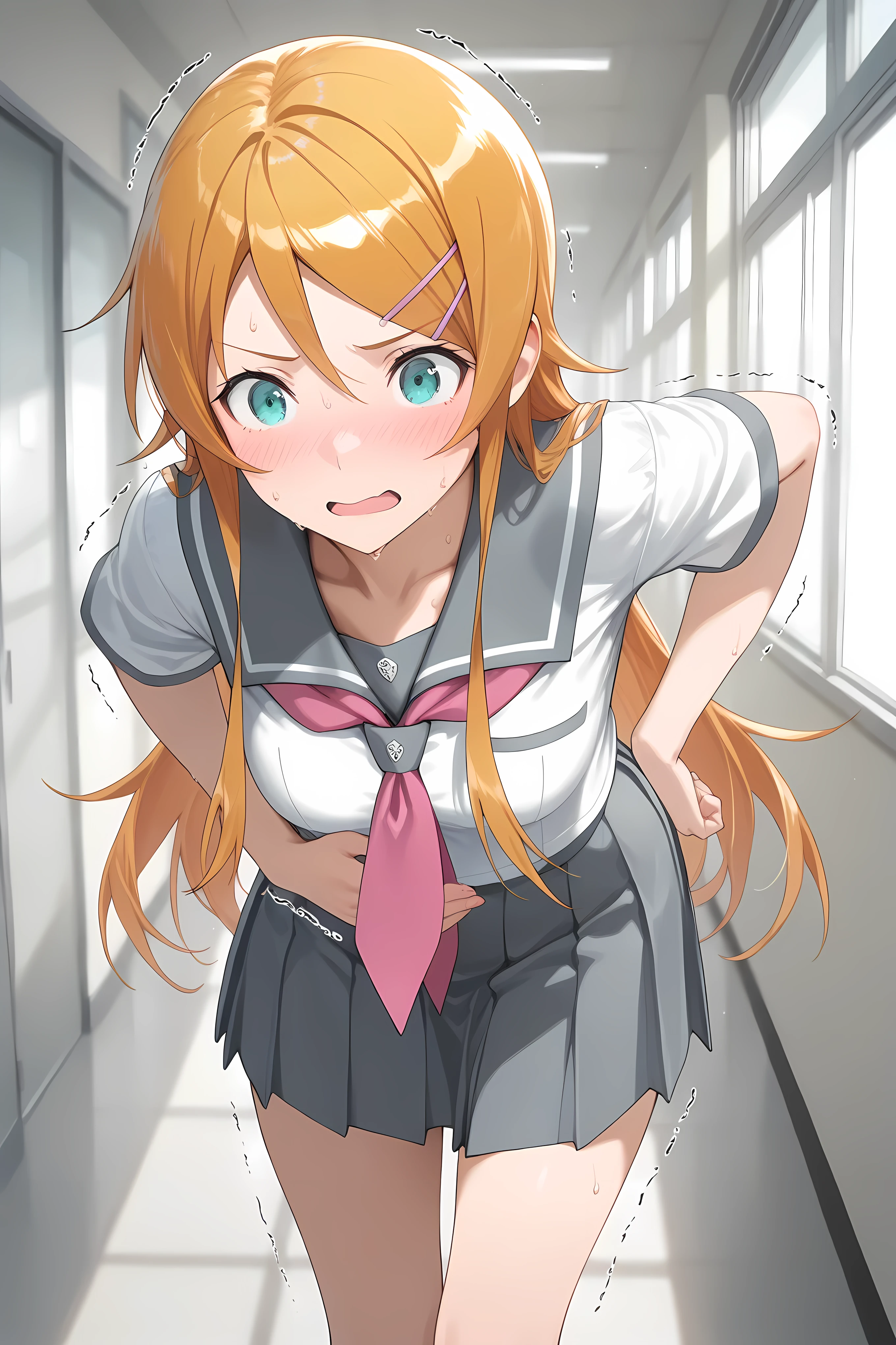 kirino kousaka, long hair, blue eyes, hair ornament, hairclip, orange hair, aqua eyes,,skirt, school uniform, serafuku, shirt, white shirt, grey sailor collar, grey skirt, pleated skirt, neckerchief, pink neckerchief, Solo, general, masterpiece, highres, ultra-detailed, hyper-detailed, best quality, amazing quality, very aesthetic, best hands, best eyes, best hand
adult woman, 1woman, hand on own stomach, sweat, leaning forward, nervous, scared, trembling legs, school hallway, sunny
