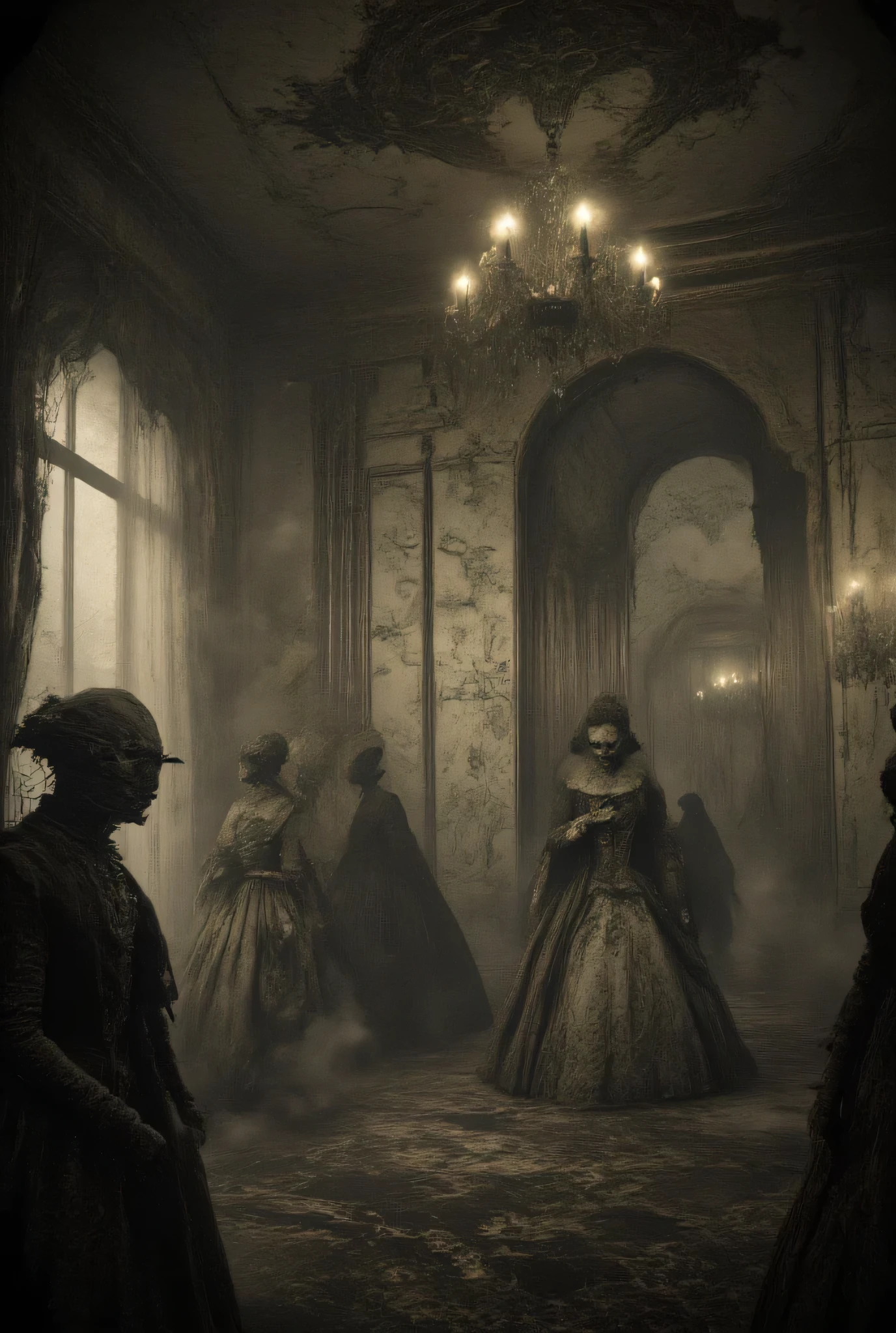 Photo, 18thcentury salon, grotesque masquerade, haunting ambiance, ghoulish aristocrats, exquisite period costumes::2.5, style of David LaChapelle, hyperrealism, distorted reflections, grand chandeliers, opulent wallpapers, crossprocessed film, wideangle perspective