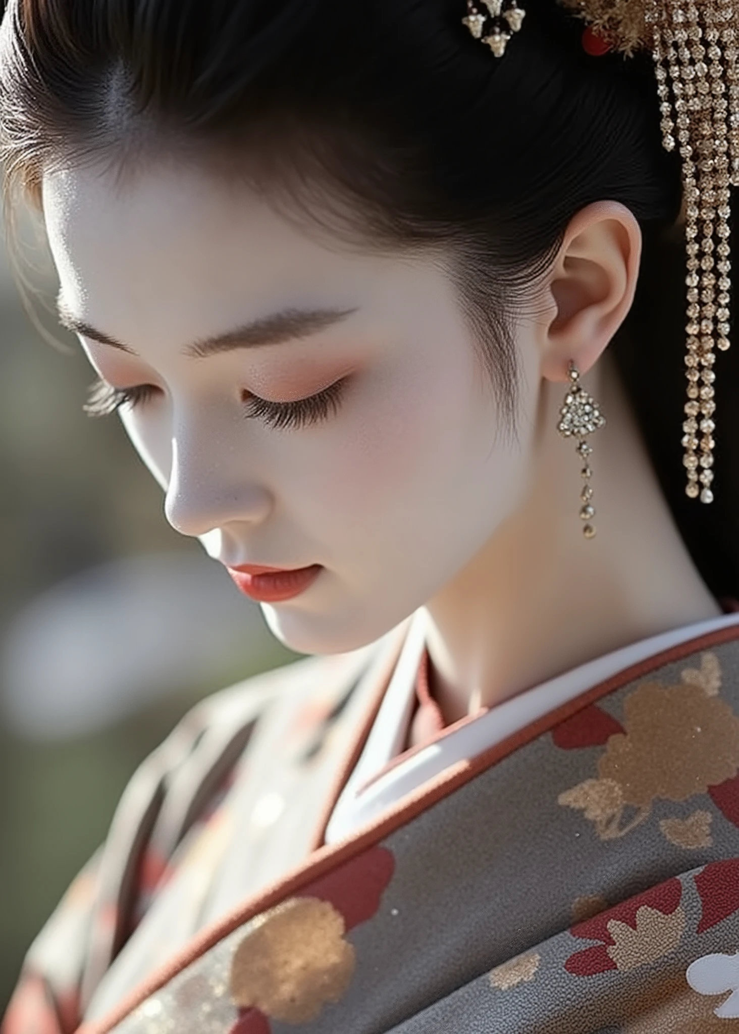 uses white powder captured from a slightly higher position using traditional methods、complemented by an elegant belt, Oblique perspective. She brings out elaborate, A multicolored kimono with a delicate floral pattern, and. her crackling hairstyle、gives a glimpse into the artistry of her appearance. casual snapshot style, skin with subtle red and black accents, seamlessly covers, flows gracefully along her neck、The background is elegantly blurred. beautifully composed portrait of a maiko, depth、highlights her figure in a calm and prominent. If you look up at the 、costume details and、her gentle expression and iconic white makeup, soft lighting enhances the beauty of the 、adorned with intricate hairpins that shine gently in the light {x} highlights the refined elegance of classic Kyoto beauties.繊細な四本指