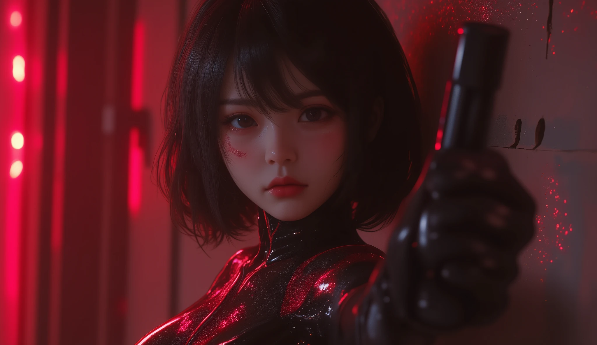 looking away, anime, 1girl , difficult 、 Asian Beauty , Perfect Style, perfect body, small head , frown, realistic skin, anatomically correct, sweat, She's wearing a shiny black rider suit , ( she has her back in close contact with the wall:1.2), She's holding a handgun , She's on guard while being chased by enemies , She has a bruised cheek , Blood、Inside the mechanical wall building 、Red light, sparkle, cinematic lighting, glowing light, 8k, UHD, super detail, best quality, highres, masterpiece
