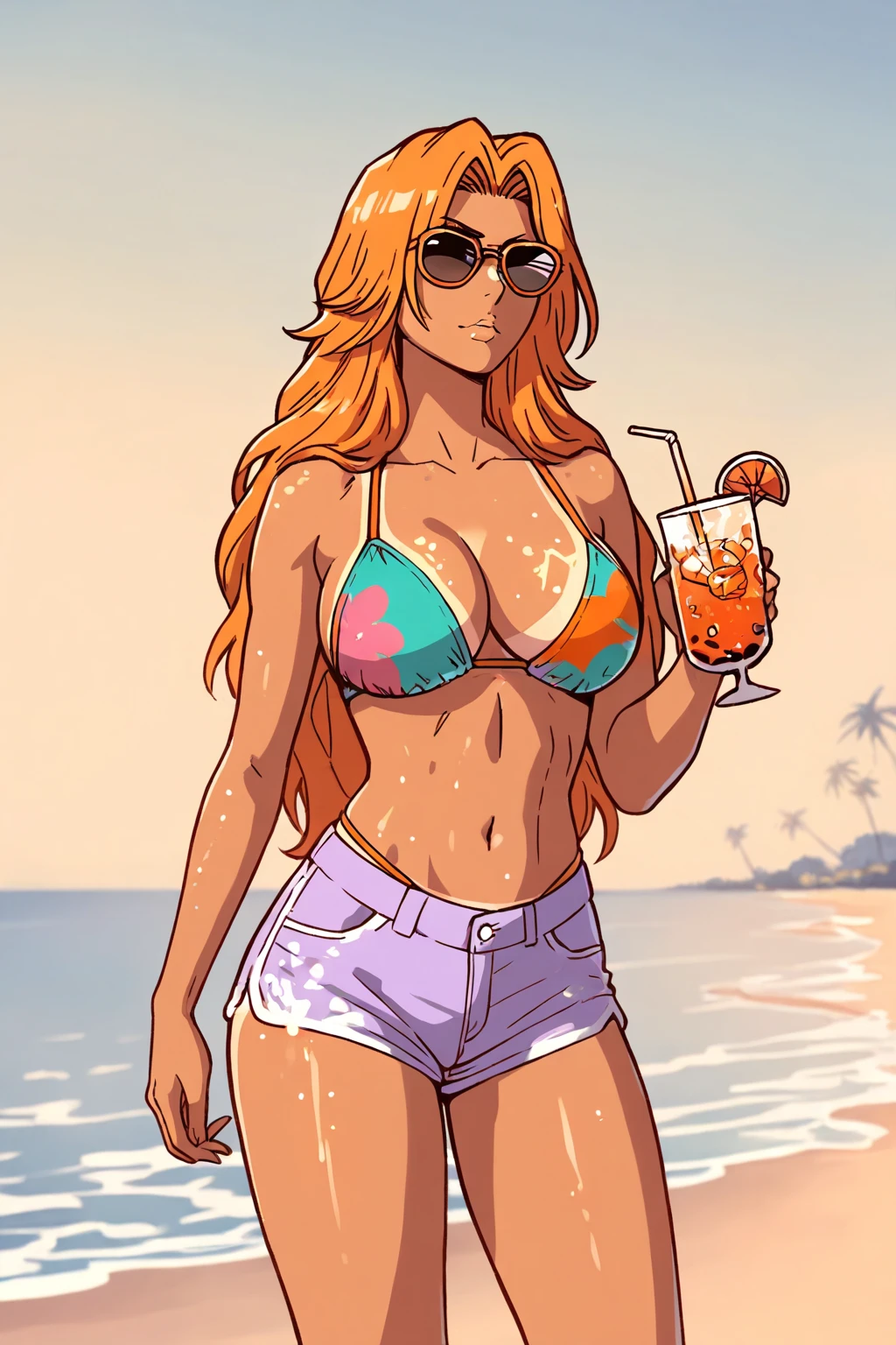 (masterpiece), best quality, expressive eyes, perfect face, female ((long wavy red hair)), green eyes, muscle tone, ripped abs, ((Nude)), her face is slightly thin, she has a look of confidence, she is tall, full body.  cocky smile,  ((Big breasts)), , beach, palm trees, ((waterfall in the background)), ((rainbow)), tropical drink, parrot, (tropical birds) Tropical drink in a coconut