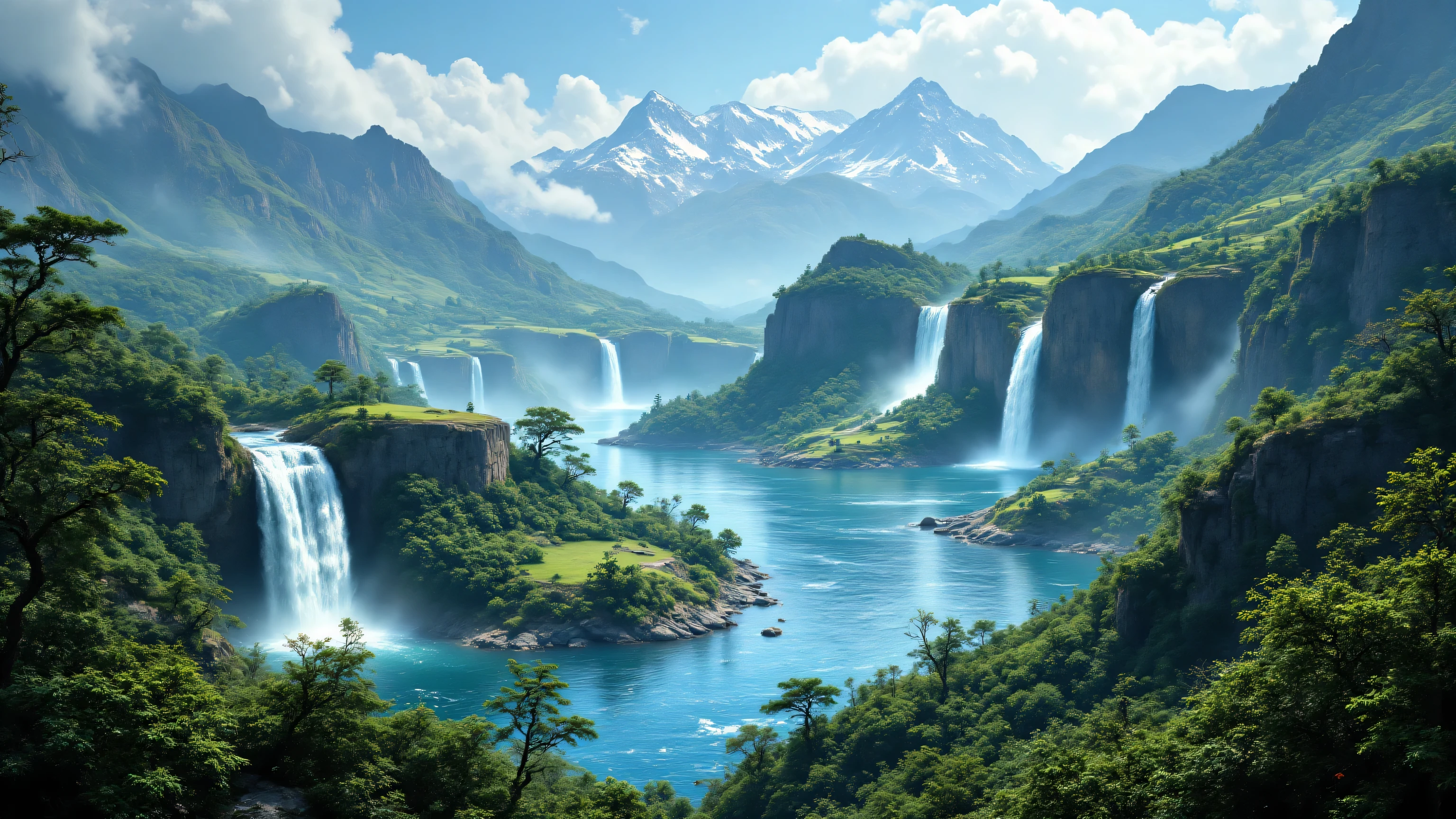 Create a hyper-realistic, cinematic vision of a completely new planet, a lush, vibrant world overflowing with water and greenery.
Main Scene Elements:
Towering waterfalls cascading from floating cliffs and mountain peaks into crystal-clear rivers.
Dense, verdant forests and meadows covering rolling hills and valleys.
Multiple tiers of waterfalls forming natural kaskades, lakes, and streams.
Majestic mountains in the background, some with snow-capped peaks, some covered in dense jungle.
Floating islands or rocky outcrops with streams flowing off their edges.
Dynamic Elements:
Mist rising from waterfalls, catching the light in subtle rainbow hues.
Flowing rivers weaving through the landscape, reflecting the sky.
Occasional magical or ethereal creatures (glowing birds, water spirits) subtly integrated.
Style / Composition:
Wide-angle panoramic composition, cinematic depth.
Ultra-detailed textures for water, rocks, and vegetation.
Color palette: lush greens, deep blues, turquoise waters, soft sunlight highlights.
Atmosphere: serene, mystical, immersive, slightly fantastical.
Output:
8K resolution, panoramic wallpaper-style, perfect for a nature-fantasy planet visualization.
@batamb