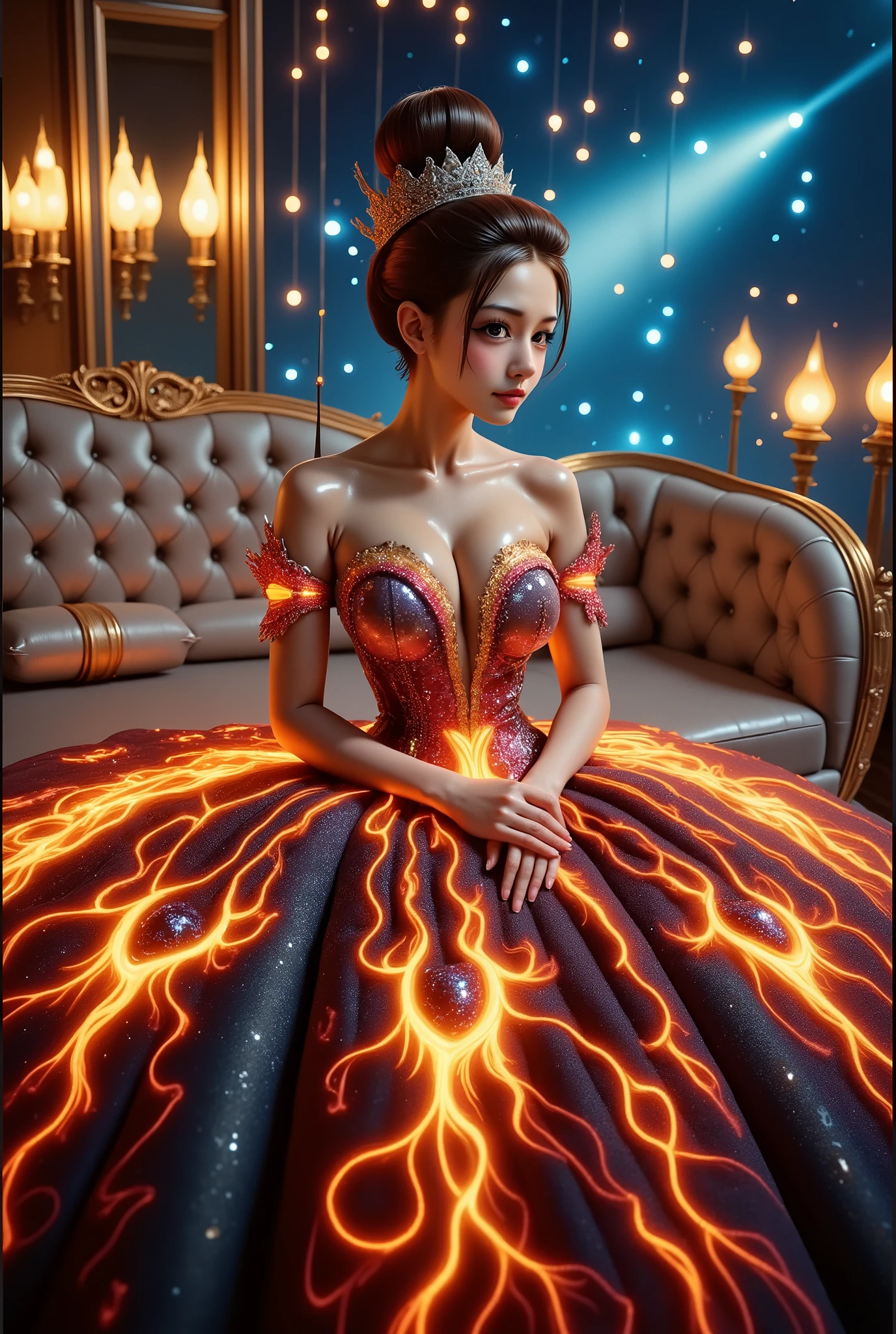 A beautiful Asian idol girl with white skin, douyin-style makeup face, eyelashes, With fake giant breasts, blue eyes, shiny body, wet body, cleavage, wearing a tight strapless dress that presses the breasts, with a sexy and slim body, a small waist, flame dress, Shiny clothing, metalic stell clothing, sitting in space, UHD, luxurious dress, a dress decorated with pearls, diamonds, jewels, and flowers, a dress emitting light, the most elegant and extraordinary dress, a fantasy dress, a beautiful digital artwork, a beautiful fantasy empress, wearing a strapless dress made of beads and carbon fiber, a photo with very sharp details, the best quality: 1.2),, (8k, high resolution, RAW photo, realistic, photo-realistic: 1.3), (detailed skin texture, detailed fabric texture, detailed element texture, exquisite detailed face: 1.25), professional lighting, photon mapping, beautiful soft light, radiosity, physically based rendering, raytracing, model shooting style, model shooting style, (highly detailed 8k unity CG Wallpaper), the most beautiful artwork in the world. (Body Navel) (chest push up) (nipple).
