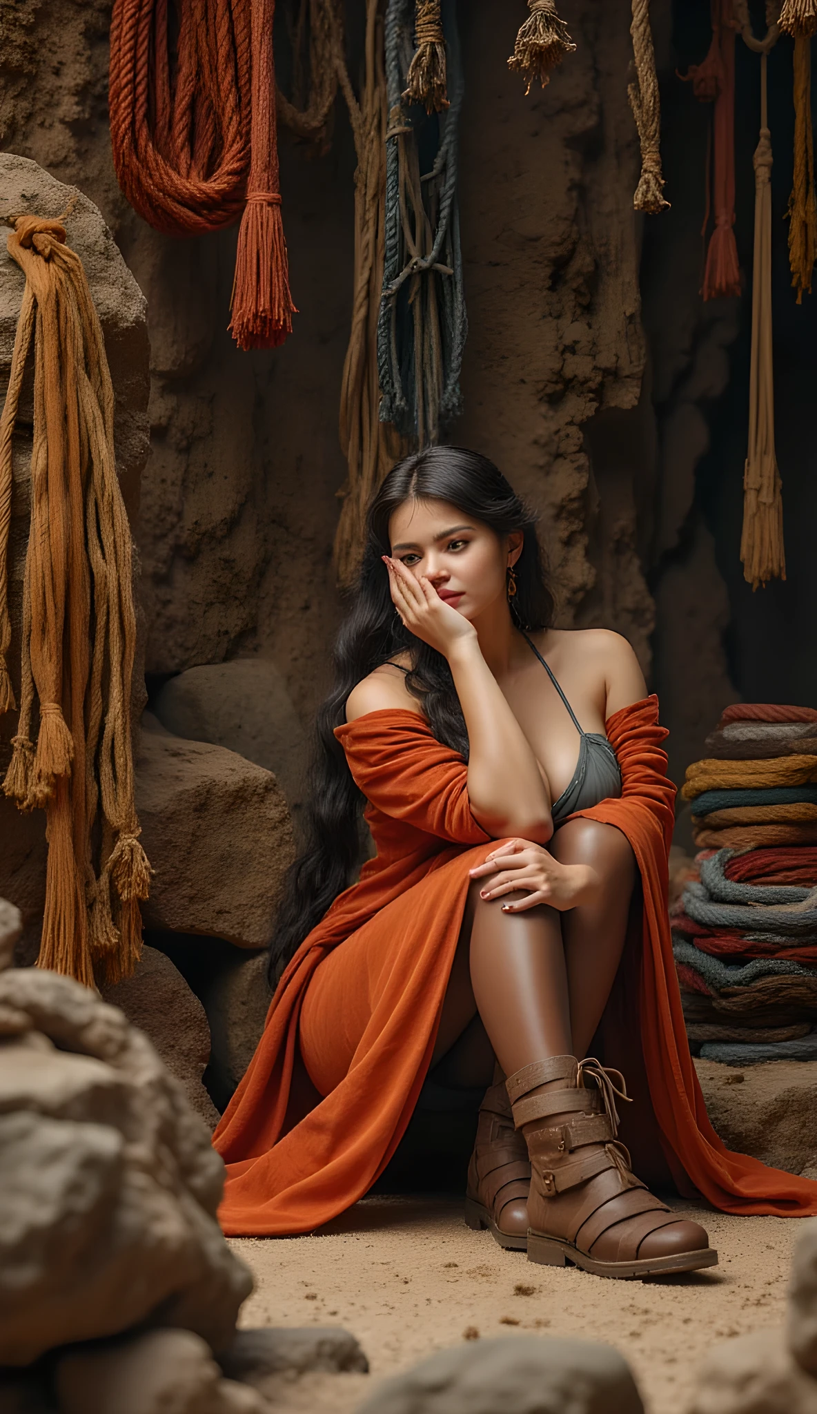 Ancient prehistoric age era, 
(Stone civilization age era:1.6), 

((Realistic cinematography ultra-wide depth intense details of realistically natural scenery of inner cave shelter)),stacked of thick fibers colorful ropes on the background,a detailed of primitive primordial female turk sitting pose,woven, knitting, and showing up a lot of thick flax raw fibers colorful ropes,(plant fiber colorfully dye thick ropes materials),(tribal primitives guild),((vivacious)),wearing fully, long fur primitively fabric long tunic robe dress,,,(perfectly depth Precision symmetrically curvy busty full body shapely),(cinematic dynamically camera widely angle scenery:accurately depicted:1.3),the lively prehistoric cradle of history depicting scenery,afternoon,realistically full depth,(cinematography dynamic angle|hyperrealistic:realistic scenery:3d texture over the scenery),best videography angle,hdr,golden hour, (cinematography vibe),primitive fabric wardrobe,(dynamic image composition),(octane 3d rendering|50mm lens shot:1.3),(precise lifelike skin texture:lifelike hairs:realism),(best rule of third photography composition),(best image aperture),(full details depth of field),(best shutter speed),(RAW photo image),(photorealistic|photorealism:hyperrealism style),(realistic depth 3d:cgi:1.3),(trending on cgsociety:devianart:unreal engine 5),,(best photography:national Geographic style), stonePunkAi and bronzePunkAi artwork, digital art,best lighting concept,(realistic intricately fixed truly fully human's anatomy body+hands+and+fingers anatomical),natural motion,inspired by farcry5 game artwork. 