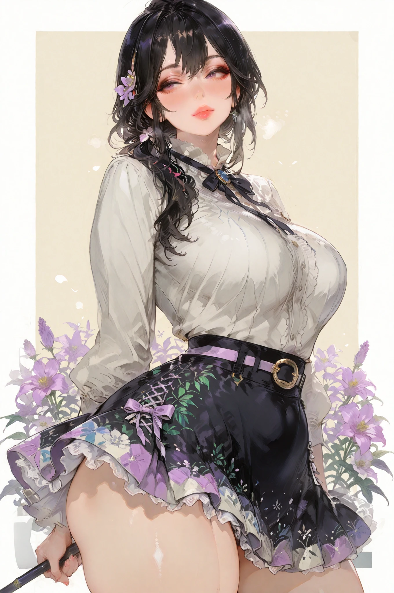 mature,1girl,solo, Decorative skirt,Detailed colored pencil drawing, large breasts,thick thighs,thick lips,Suitable background