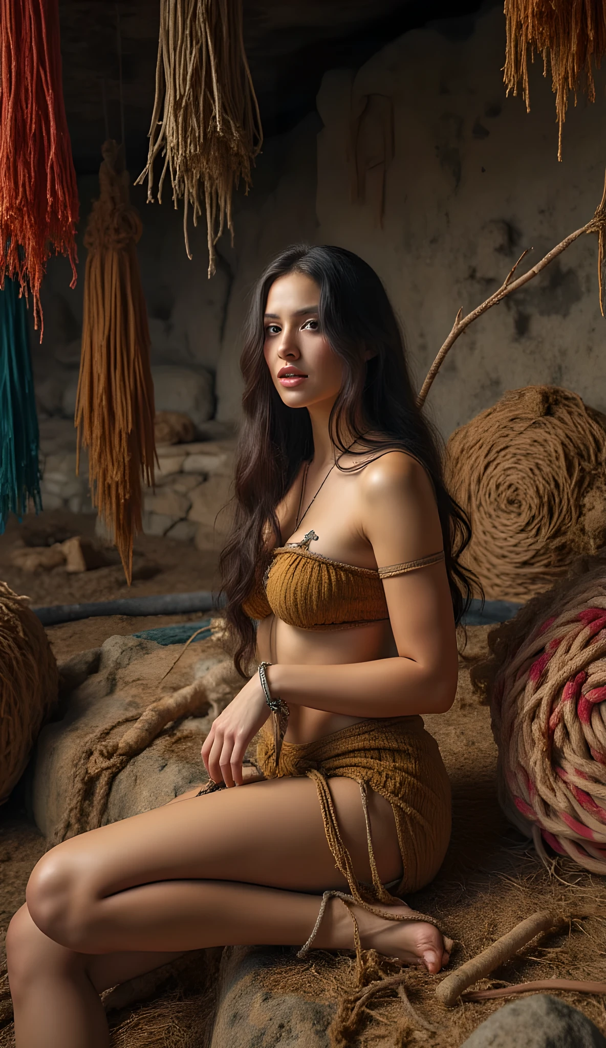Ancient prehistoric age era, 
(Stone civilization age era:1.6), 

((Realistic cinematography ultra-wide depth intense details of realistically natural scenery of inner cave shelter)),stacked of thick fibers colorful ropes on the background,a detailed of primitive primordial female turk sitting pose,woven, knitting, and showing up a lot of thick flax raw fibers colorful ropes,(plant fiber colorfully dye thick ropes materials),(tribal primitives guild),((vivacious)),wearing fully, long fur primitively fabric long tunic robe dress,,,(perfectly depth Precision symmetrically curvy busty full body shapely),(cinematic dynamically camera widely angle scenery:accurately depicted:1.3),the lively prehistoric cradle of history depicting scenery,afternoon,realistically full depth,(cinematography dynamic angle|hyperrealistic:realistic scenery:3d texture over the scenery),best videography angle,hdr,golden hour, (cinematography vibe),primitive fabric wardrobe,(dynamic image composition),(octane 3d rendering|50mm lens shot:1.3),(precise lifelike skin texture:lifelike hairs:realism),(best rule of third photography composition),(best image aperture),(full details depth of field),(best shutter speed),(RAW photo image),(photorealistic|photorealism:hyperrealism style),(realistic depth 3d:cgi:1.3),(trending on cgsociety:devianart:unreal engine 5),,(best photography:national Geographic style), stonePunkAi and bronzePunkAi artwork, digital art,best lighting concept,(realistic intricately fixed truly fully human's anatomy body+hands+and+fingers anatomical),natural motion,inspired by farcry5 game artwork. 