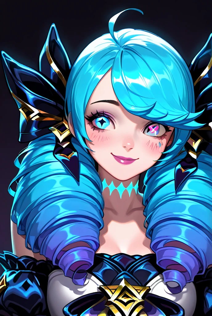 A young, fair-skinned woman with  with long dark hair and blue eyes. 
wearing  a floral headpiece and vibrant makeup.
She has a warm, friendly smile.
set against a colorful abstract background