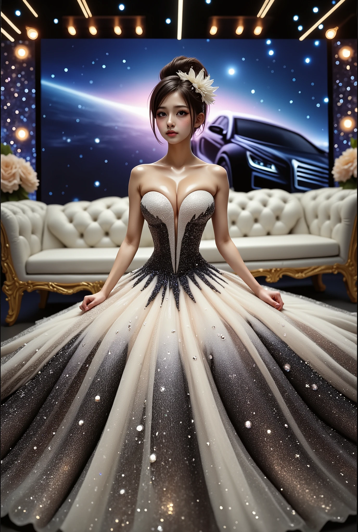A beautiful Asian idol girl with white skin, douyin-style makeup face, eyelashes, With fake giant breasts, blue eyes, shiny body, wet body, cleavage, wearing a tight strapless dress that presses the breasts, with a sexy and slim body, a small waist, flame dress, Shiny clothing, metalic stell clothing, sitting in space, UHD, luxurious dress, a dress decorated with pearls, diamonds, jewels, and flowers, a dress emitting light, the most elegant and extraordinary dress, a fantasy dress, a beautiful digital artwork, a beautiful fantasy empress, wearing a strapless dress made of beads and carbon fiber, a photo with very sharp details, the best quality: 1.2),, (8k, high resolution, RAW photo, realistic, photo-realistic: 1.3), (detailed skin texture, detailed fabric texture, detailed element texture, exquisite detailed face: 1.25), professional lighting, photon mapping, beautiful soft light, radiosity, physically based rendering, raytracing, model shooting style, model shooting style, (highly detailed 8k unity CG Wallpaper), the most beautiful artwork in the world. (Body Navel) (chest push up) (nipple).