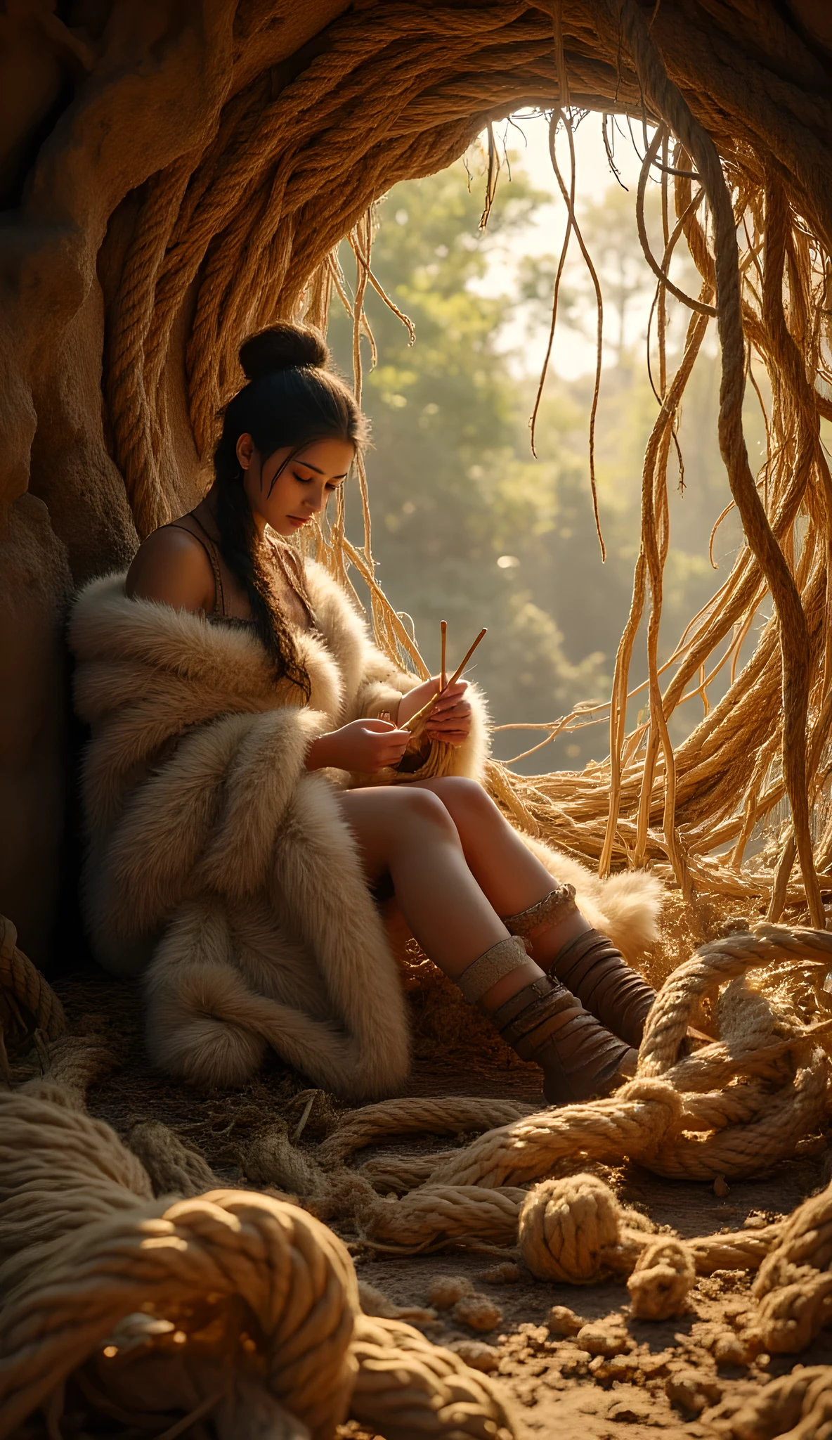 In a vividly detailed prehistoric cave shelter, a primordial female figure sits gracefully amidst thick coils of flax fiber ropes, her long fur tunic robe enveloping her shapely, symmetrically curvaceous form. The scene is bathed in the warm glow of the afternoon golden hour, captured through a dynamic wide-angle lens that highlights the intricate textures of the natural surroundings. Her hands skillfully weave and knit the coarse plant fibers, embodying the essence of a tribal guild’s ancient craft. This hyperrealistic digital artwork, inspired by Far Cry 5 and rendered with cutting-edge CGI, immerses viewers in the lively cradle of early human history.