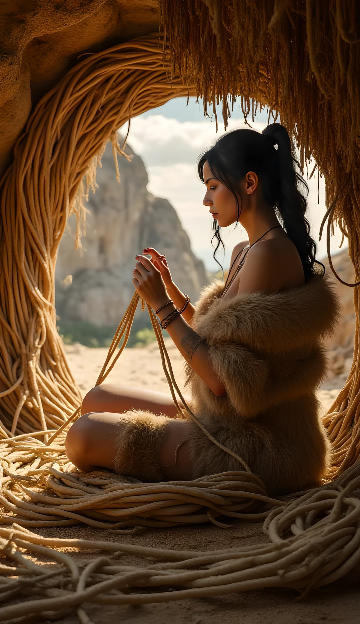 In a vividly detailed prehistoric cave shelter, a primordial female figure sits gracefully amidst thick coils of flax fiber ropes, her long fur tunic robe enveloping her shapely, symmetrically curvaceous form. The scene is bathed in the warm glow of the afternoon golden hour, captured through a dynamic wide-angle lens that highlights the intricate textures of the natural surroundings. Her hands skillfully weave and knit the coarse plant fibers, embodying the essence of a tribal guild’s ancient craft. This hyperrealistic digital artwork, inspired by Far Cry 5 and rendered with cutting-edge CGI, immerses viewers in the lively cradle of early human history.