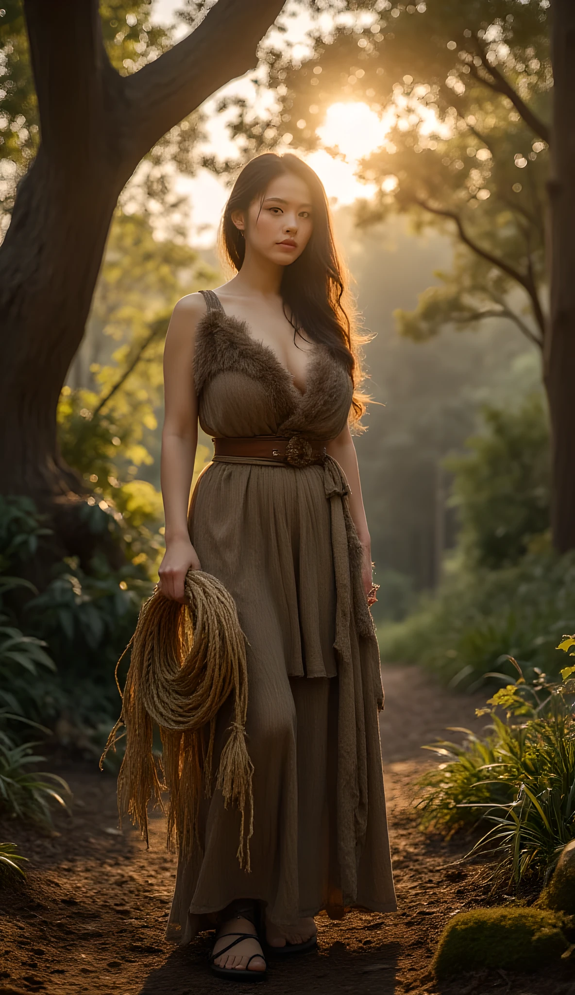 In the heart of an ancient prehistoric forest, a primordial female figure stands gracefully, clutching a thick coil of flax fiber rope. She is dressed in a long, fur-lined primitive tunic that flows naturally around her shapely, curvaceous form. The scene unfolds with hyperrealistic detail, capturing every nuance of her lifelike skin texture and delicate hand movements. Bathed in the warm glow of golden hour light, the environment is richly textured with deep forest foliage, rendered through cinematic wide-angle lens work that highlights the vivid depth and intricate natural surroundings. This dynamic portrayal vividly brings to life the raw spirit of the stone age era.