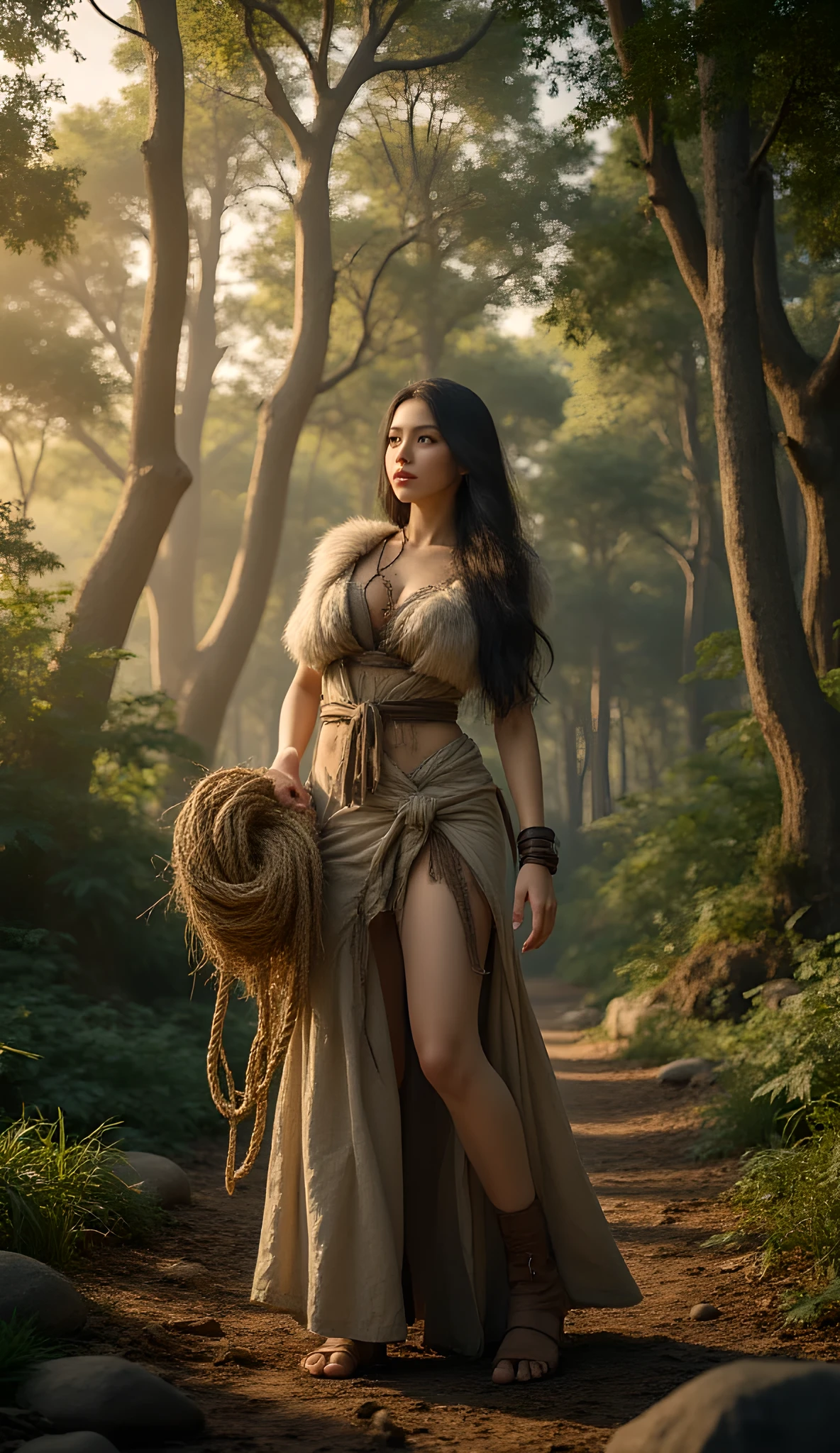 In the heart of an ancient prehistoric forest, a primordial female figure stands gracefully, clutching a thick coil of flax fiber rope. She is dressed in a long, fur-lined primitive tunic that flows naturally around her shapely, curvaceous form. The scene unfolds with hyperrealistic detail, capturing every nuance of her lifelike skin texture and delicate hand movements. Bathed in the warm glow of golden hour light, the environment is richly textured with deep forest foliage, rendered through cinematic wide-angle lens work that highlights the vivid depth and intricate natural surroundings. This dynamic portrayal vividly brings to life the raw spirit of the stone age era.