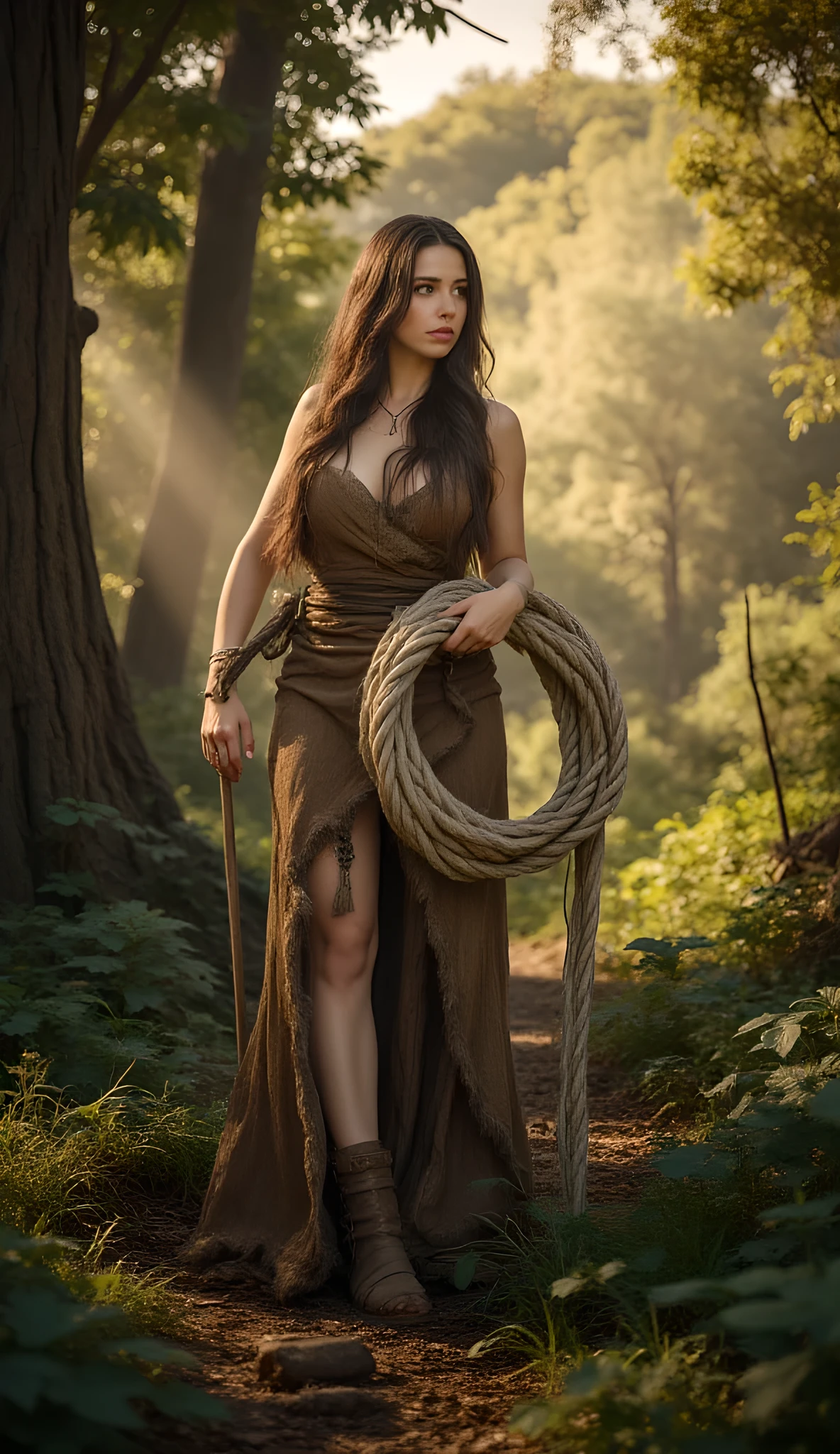 In the heart of an ancient prehistoric forest, a primordial female figure stands gracefully, clutching a thick coil of flax fiber rope. She is dressed in a long, fur-lined primitive tunic that flows naturally around her shapely, curvaceous form. The scene unfolds with hyperrealistic detail, capturing every nuance of her lifelike skin texture and delicate hand movements. Bathed in the warm glow of golden hour light, the environment is richly textured with deep forest foliage, rendered through cinematic wide-angle lens work that highlights the vivid depth and intricate natural surroundings. This dynamic portrayal vividly brings to life the raw spirit of the stone age era.