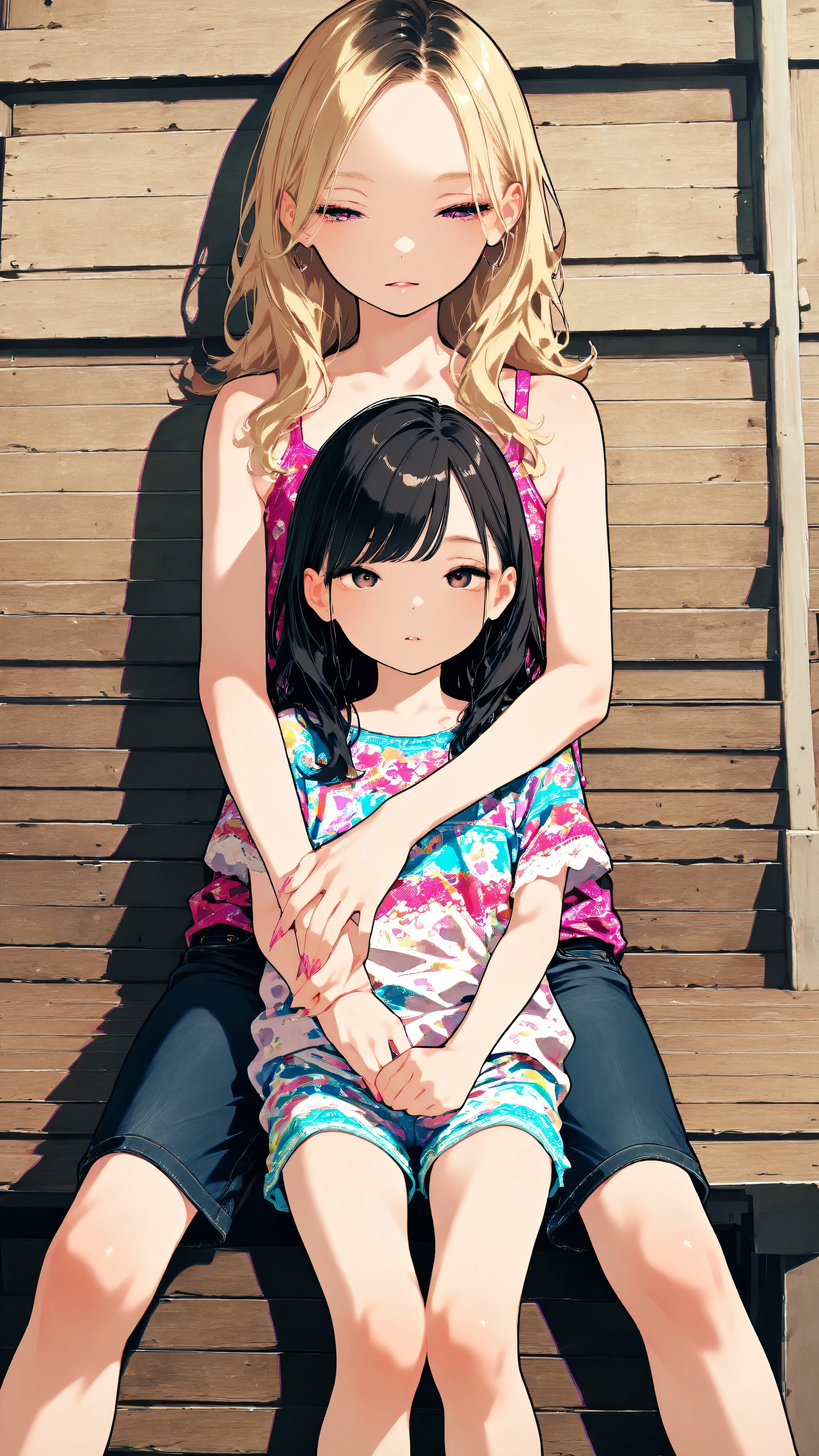 [gyaru:1.3], cool beauty, 2 women, loli, long hair, slender body, half-closed eyes, rest, exotic fashion, Japan_castle, feet out of frame,