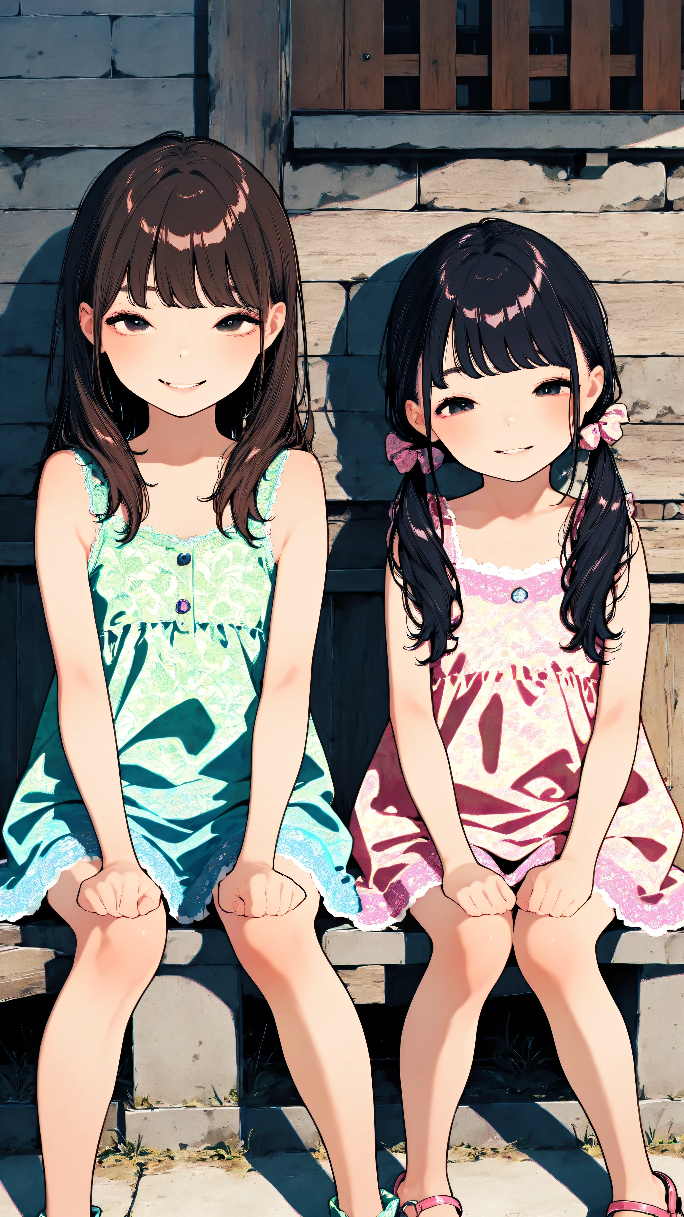 [gyaru:1.3], cool beauty, 2 women, loli, long hair, slender body, half-closed eyes, rest, exotic fashion, Japan_castle, feet out of frame,