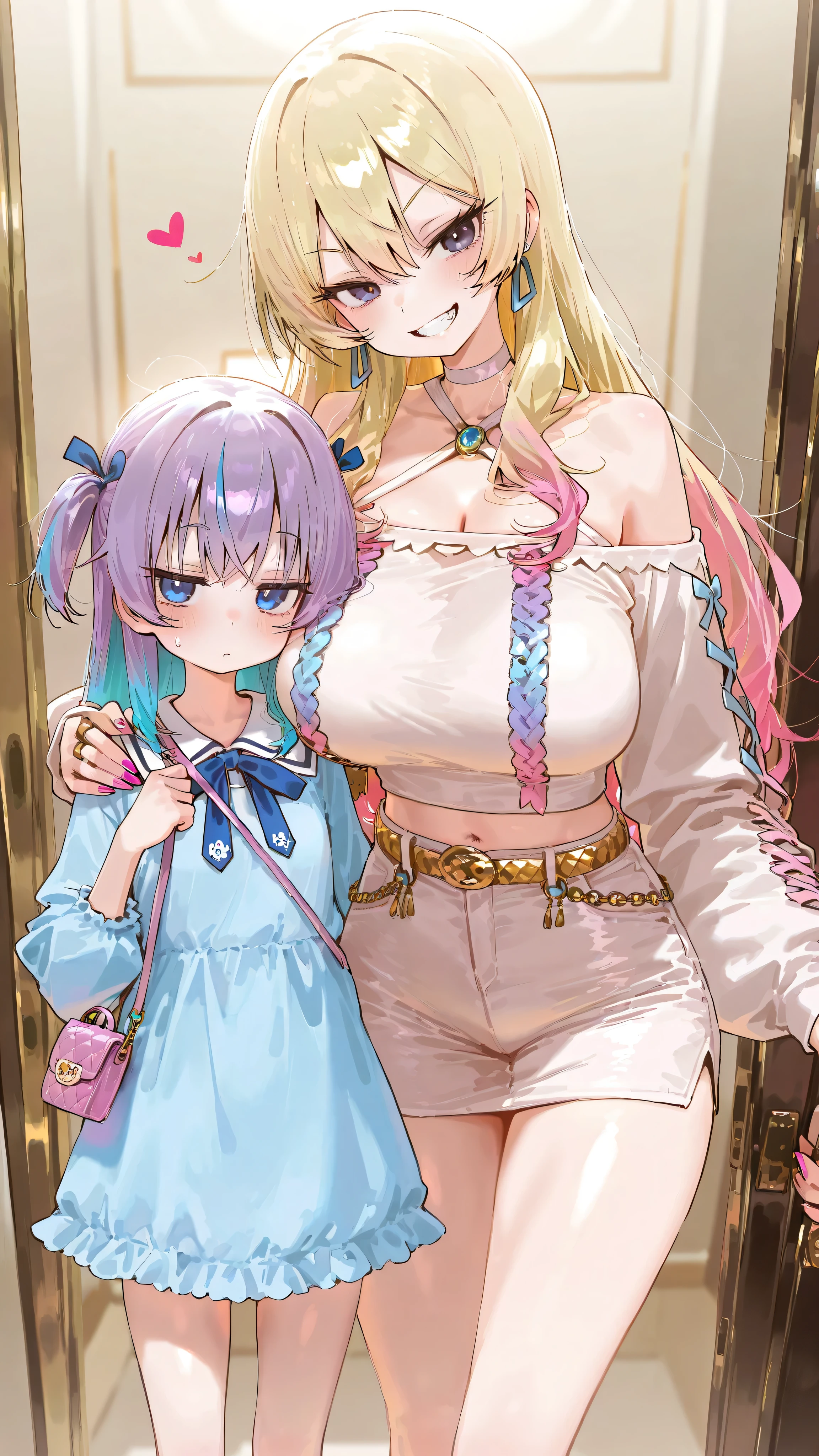 AmeChan, [gyaru:1.3], cool beauty, 2 women, onee-loli, gradation color hair, slender body , exotic fashion, Japan motif room, girl inside Heart-shaped case, dreamy color,