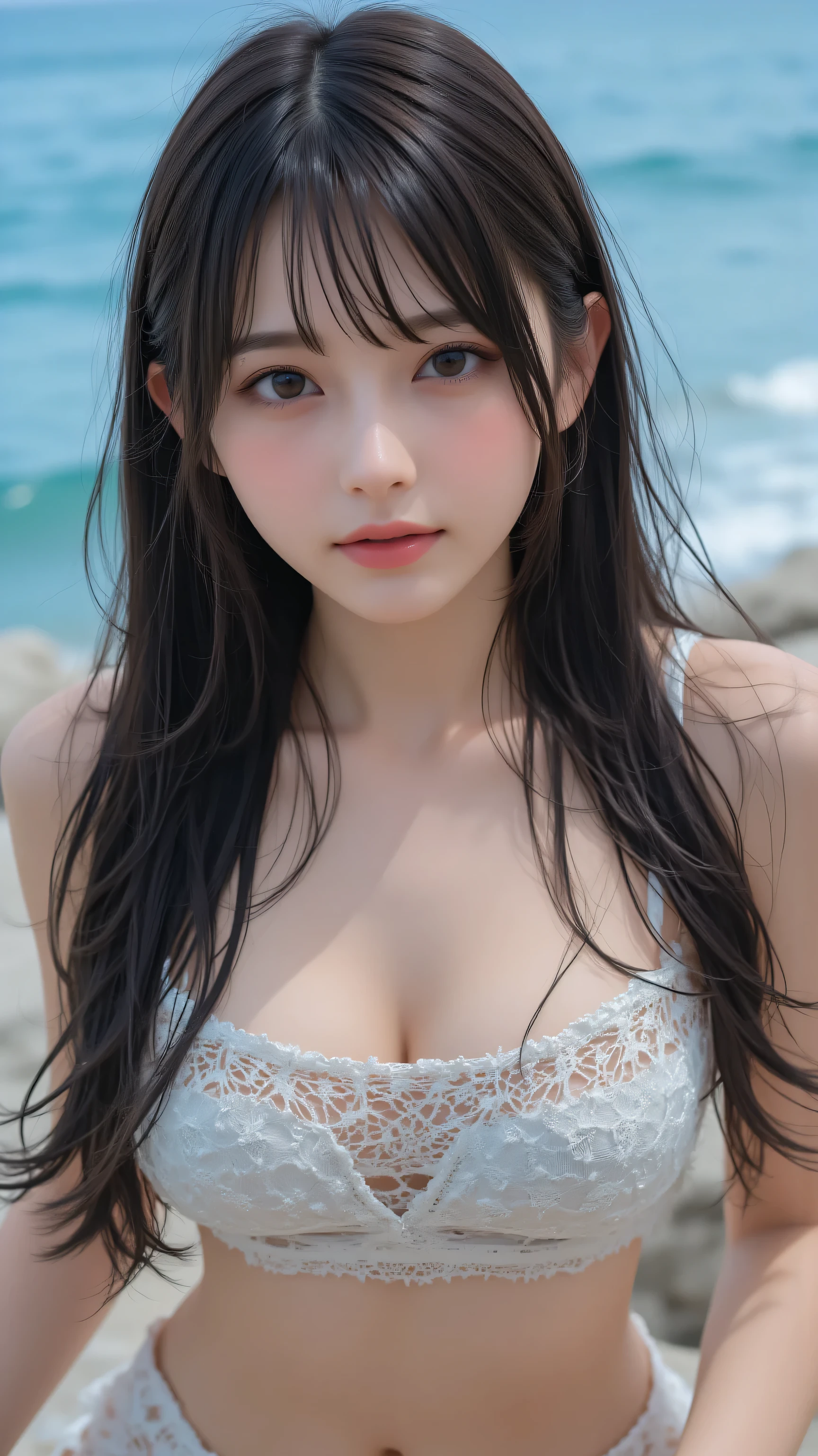 huge breasts:1.5, Saggy Breasts, covered nipples, wireless micro bikini:1.3, HUGE NATURAL BREASTS:1.4, 32K, slender body with unusually large, plump breasts, hydrangea crochet, low square neckline, hourglass silhouette, long dark hair, Beautiful Korean Women, Sitting on a smooth rock, Big Smile, blue ocean background , Photorealistic:1.4, Highly detailed, Soft Writing, fashion photography style, masterpiece, top quality:1.3