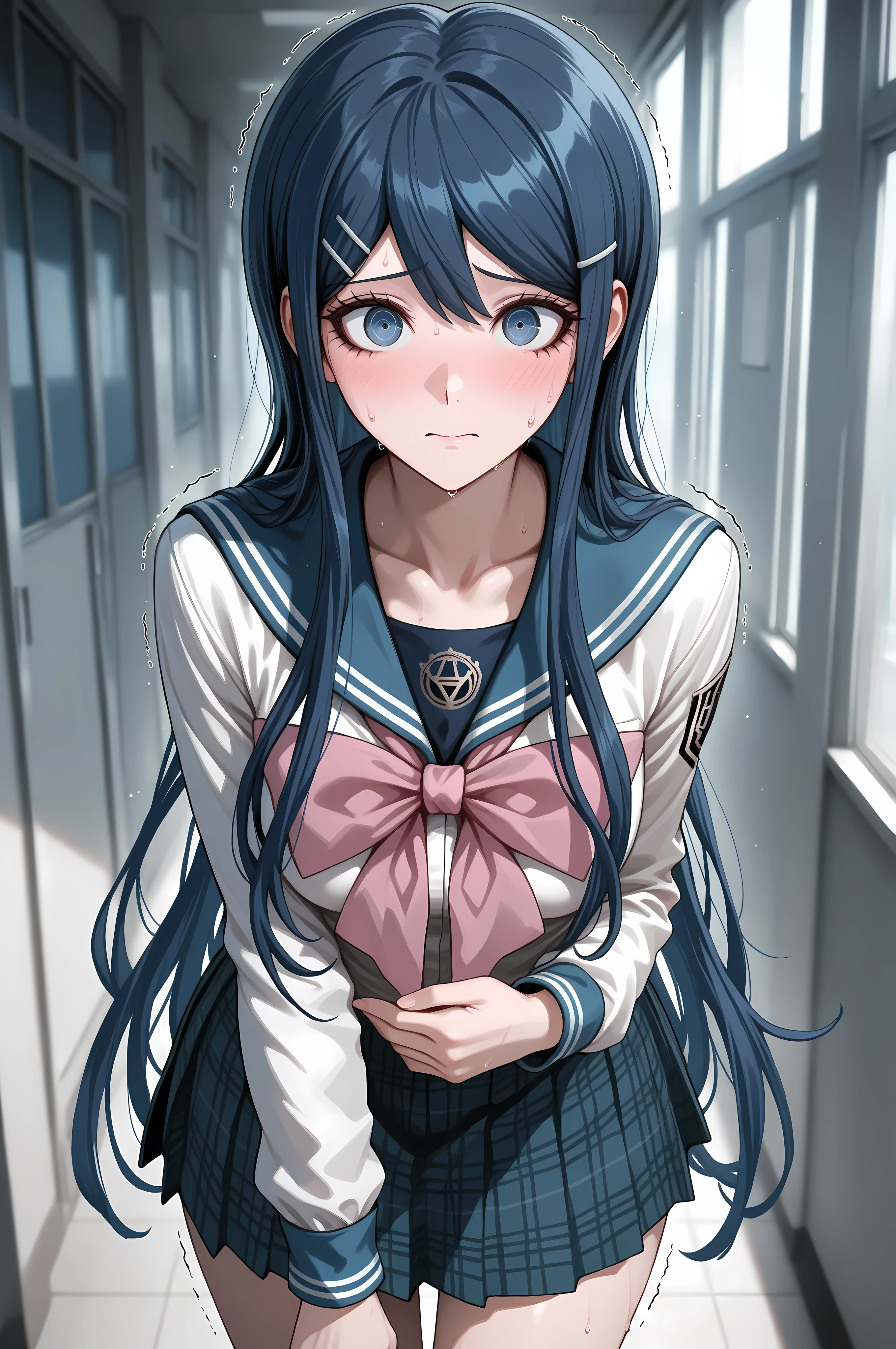 Maizono Sayaka, Danganronpa, blue hair, long hair, bangs, blue eyes, hair ornament, blue hair, hairclips, focus eyes,

long sleeves, bow, school uniform, collarbone, serafuku, bowtie, sailor collar, pink bow, large bowtie, miniskirt, navy skirt, plaid skirt, half body shot, 

Solo, 1woman, general, masterpiece, highres, ultra-detailed, hyper-detailed, best quality,  amazing quality, very aesthetic, best hands, best eyes, best hand
adult woman, 1woman, hand on own stomach, sweat,  leaning forward, nervous, scared, trembling legs, school hallway
