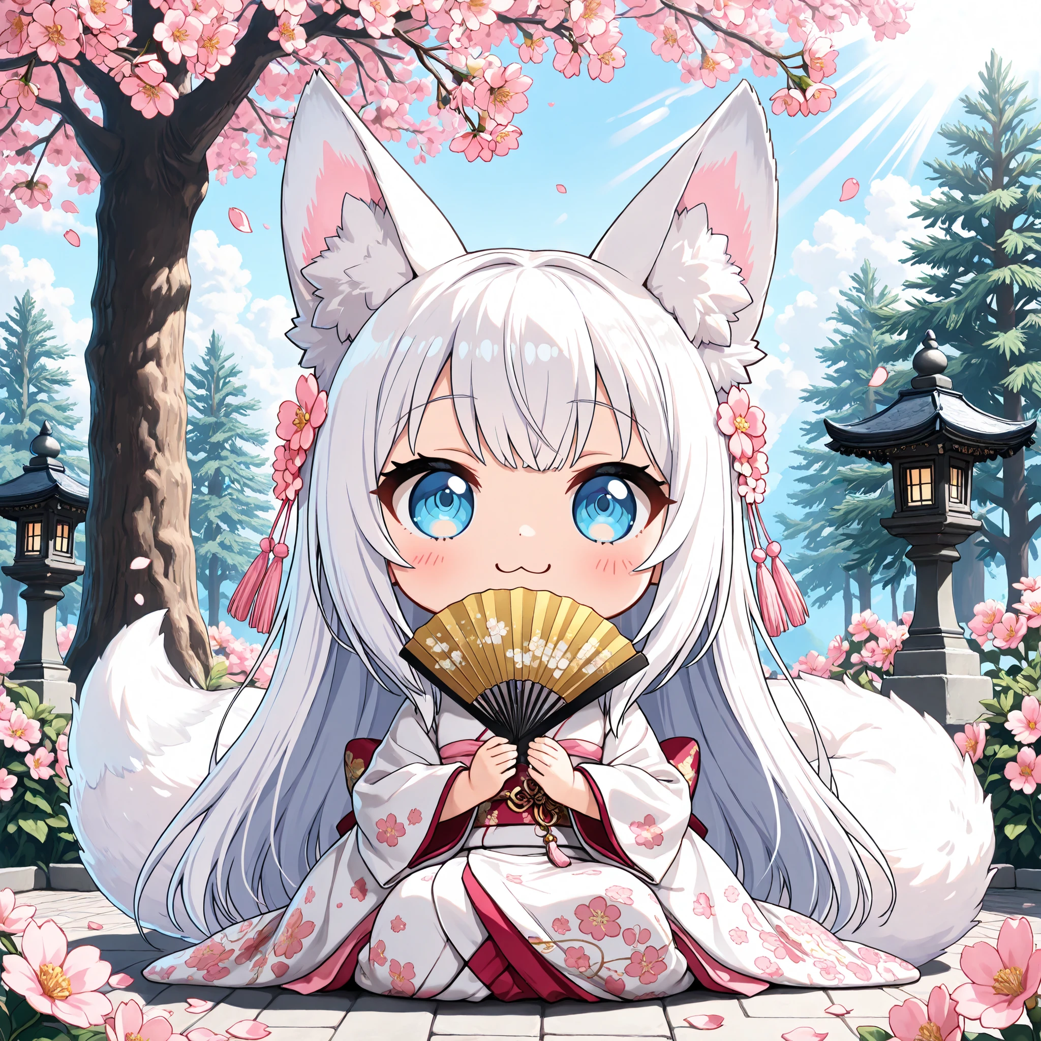 ((Masterpiece)),((best quality)),((incredibly absurdres)),((8K)),(anime style),
(1 chibi girl),((Deformed chibi)),(anime chibi),(solo),white hair,long hair,straight hair,blue eyes,baby face,cute,kawaii,BREAK (white fox tail),fluffy tail,(white fox ears),pink inner ear,(white inner ear hair),
(:3),open mouth-wide,facing ahead,BREAK
a graceful Edo period princess, wearing a luxurious white and light blue ornate kimono with layered fabrics and elegant floral patterns, delicate kanzashi hair ornaments with flowers, holding a luxurious decorative folding fan adorned with golden details and floral patterns gently in front of her mouth, sitting gracefully in a Japanese castle garden, under a clear blue daytime sky, surrounded by traditional stone lanterns, pine trees, and blooming cherry blossoms, soft gentle cherry blossom petals drifting in the air, soft sunlight rays filtering through cherry blossoms, cinematic lighting, elegant and cute, noble and serene atmosphere, masterpiece, ultra-detailed, high quality,
sitting,
full body,from front,black outline,bold,