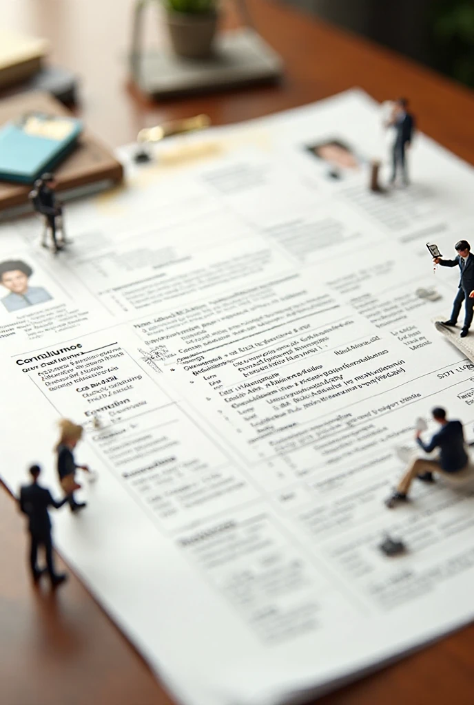 A large realistic resume on paper dominates the scene, shown in the ...