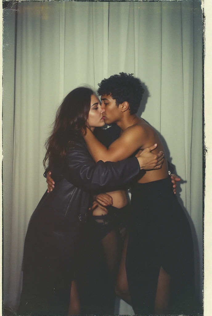  eyes closed Bettie Page , cloth skirt, inside a dressing room making love to a clerk, with a black man, pushed against the wall, 