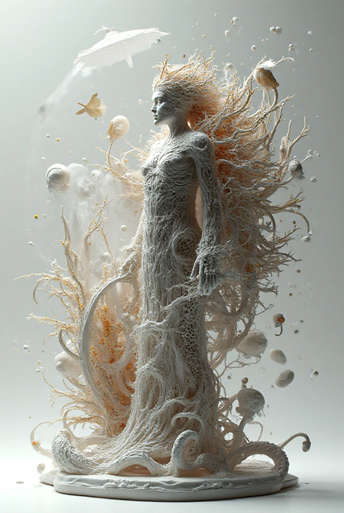 Generate images of creatures with humanoid body structures, But mainly composed of fungal elements. Its head resembles a big head, Dome-shaped crystal spring flower mushroom cap, fanciful, Colorful, Decorated with a luminous speckled pattern. Its arms are long, Flexible tendrils sprout from the shoulders, Able to be as vertical as a human hand. And not legs, It has a single, Thick, The stem is rooted in the ground. Its face is a small cluster, Bioluminescent spheres embedded in the bottom of the lid, Arranged in a way reminiscent of human  features. photo-realism, ultra - detailed, 4K, A high resolution
