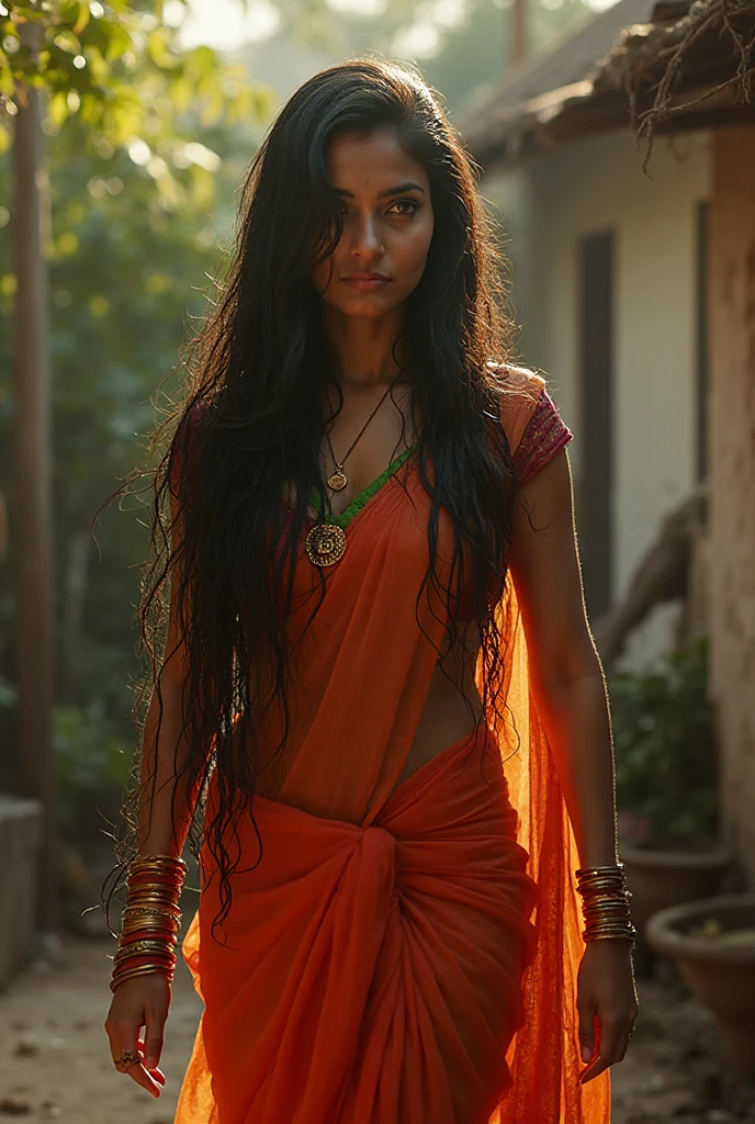 A girl in saree, big , attractive figure, in a bad, full body, attractive face, sleepy eyes