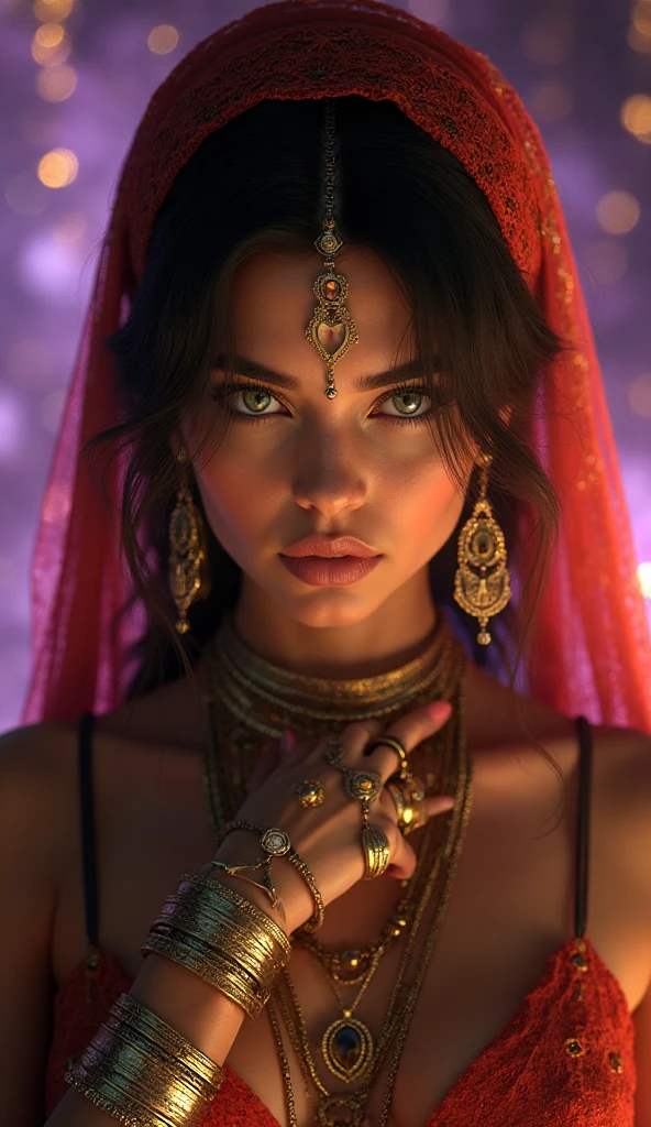 portrait of a award winning photo of indian princess posing in a dark studio, (rim lighting,:1.4) two tone lighting, sharp focus, teal hue, octane, unreal, dimly lit, low key,