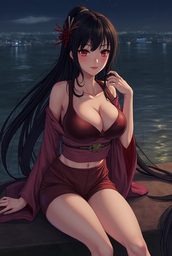 (Masterpiece:1.3, High quality, Ultra High Resolution, Extremely Detailed), (Realistic, Photorealistic:1.4), crona, Beautiful illustration, Perfect lighting, Natural lighting, Color, depth of field,
beautiful detailed hair, beautiful detailed face, beautiful detailed eyes, beautiful collarbone, beautiful body, beautiful ?????, beautiful thighs, beautiful legs, beautiful fingers, 
looking at the viewer, 1 girl, Japanese, (perfect ???????, anatomically correct), cute and symmetrical face, perfect face, perfect eyes, shiny skin, slim, braid of hair, long braid of hair, 
(long hair:1,7, cyclamen hair:0,8, black hair), hair between eyes, red eyes, long eyelashes, (big:0,8, seductive thighs), 
(beautiful scenery), summer, evening, (beautiful smile, upper eyes),