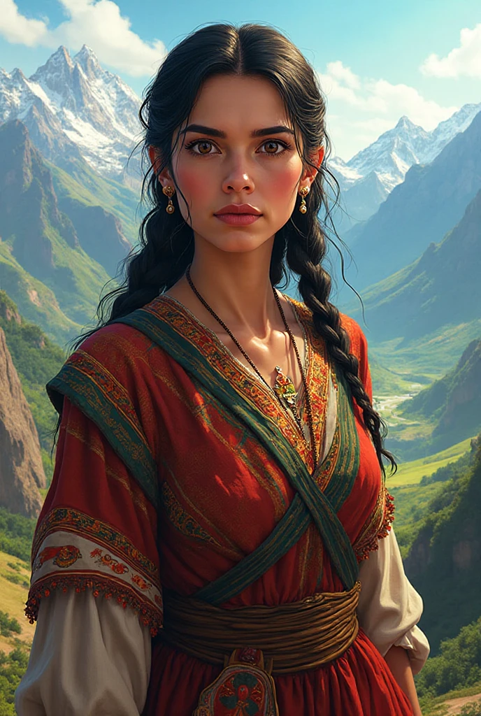 A beautiful, intricate portrait of a dwarven woman, delicate  features, ((delicate fur on cheeks)), her cheeks covered with soft fur, piercing eyes, full lips, intricate hairstyle with braids and jewels, wearing an ornate, detailed dress with intricate embroidery and patterns, set against a fantasy landscape background with mountains, forests, and a glowing sky, (best quality,4k,8k,highres,masterpiece:1.2),ultra-detailed,(realistic,photorealistic,photo-realistic:1.37),concept art, cinematic lighting, dramatic shadows, glowing warm colors, rich textures