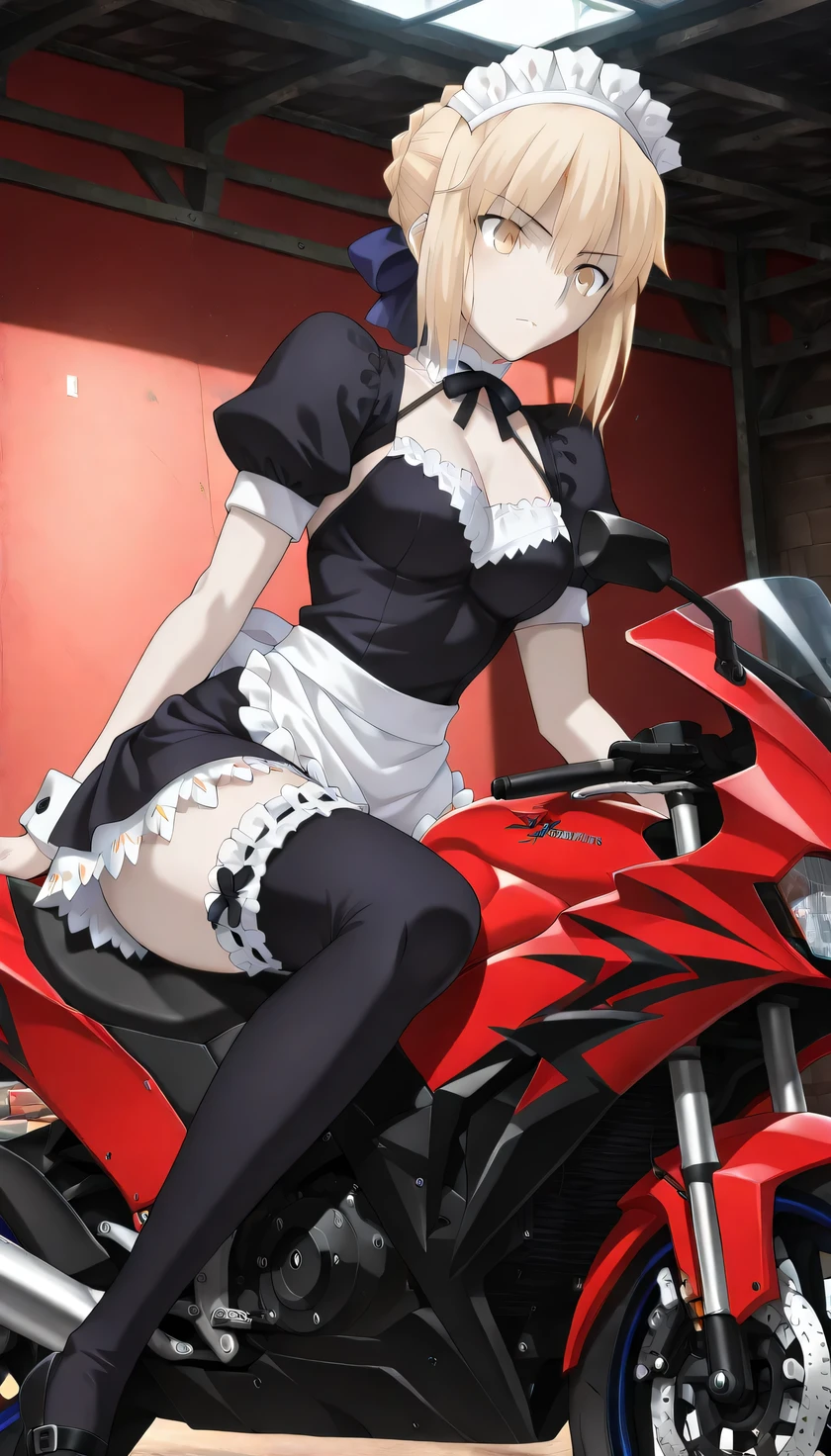 {{{masterpiece}}}, (best quality:1.5), (ultra-detailed:1.5), {illustration}, {{an extremely delicate and beautiful}}, (beautiful detailed eyes:1.5), absurdres, highres, extremely detailed face, 16k, hd, visual anime de uma jovem mulher, extremamente bonito rosto de anime, anime melhor garota, (perfect hands, perfect anatomy), anime face, Artoria Pendragon(Fate stay night), saber alter, 1girl, solo, cute face, artoria pendragon (fate), blonde hair, yellow eyes, french braid, braided bun, single hair bun, short hair, sidelocks, pale skin, medium breasts, big hips, curvaceous, BREAK, maid attire, (black maid outfit:1.2), headdress, white collar, short sleeve, white pinafore, short skirt, (black thighhighs:1.3), frilled thighhighs, black shoes, thighs, zettai ryouiki, BREAK, indoors,
garage, woman in a maid outfit is riding a large motorcycle in a garage, riding large motorcycle, straddle large motorcycle
