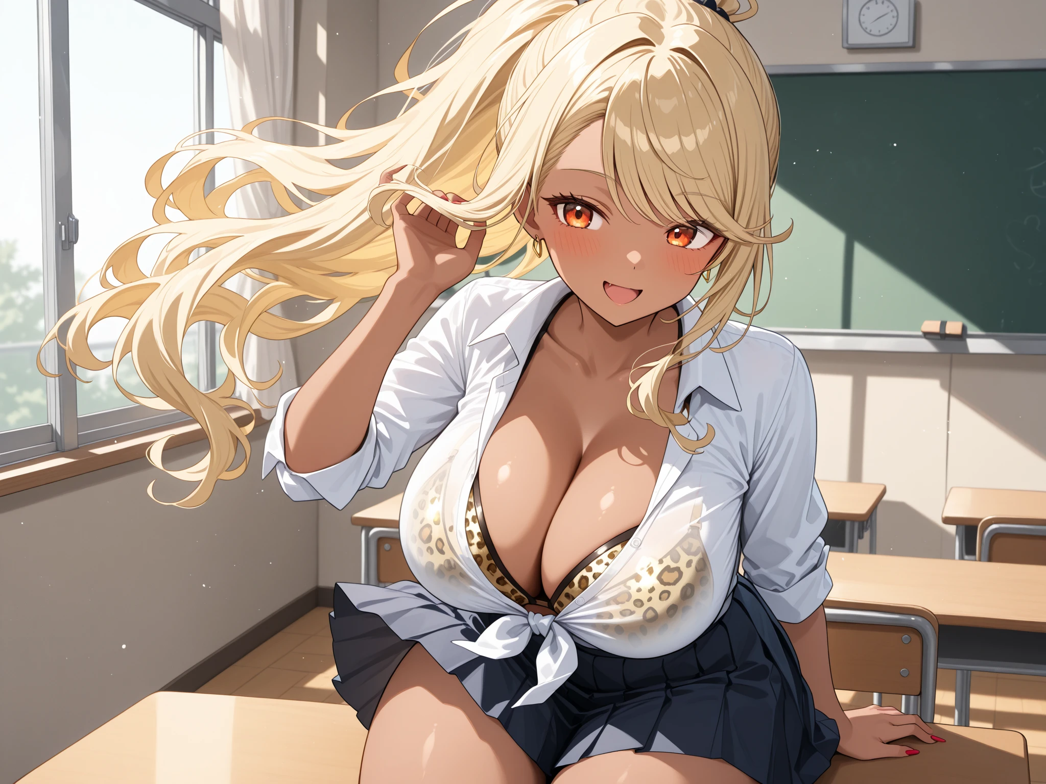 (raw photo,best quality, insanely detailed, masterpiece, perfect face, insanely detailed perfect fingers, beautiful and aesthetic:1.2, highest detailed face),(((Scale to fit the dimensions, character focus,looking at viewer))), BREAK (((1 girl is pulling down her white panties))),{ 18_y.o. Caucasian school girl, adorable, cute, enjoying, mischievous smile:1.3,gal,gyaru:1.2},((( pantypull))),( school uniform),( plaid mini skirt:1.3),BREAK super detailed beautiful white skin, huge Perky ???????:0.9, toned slender body, small ????,thin legs,messy blonde hair, dark brown Eyes,double eyelid,BREAK cinematic dim lighting, depth of field, beautiful scene of classroom, desk, chair, blackboard behind,( official art, extreme detailed, highest detailed)