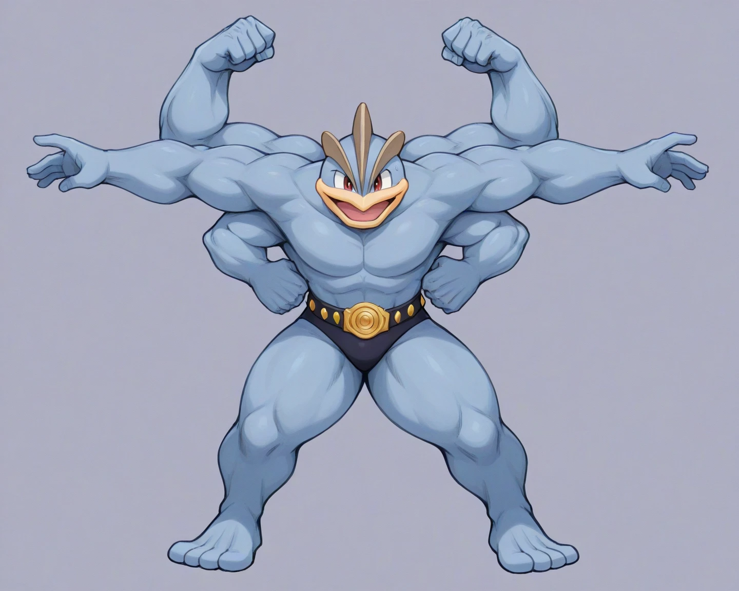 score_9, score_8_up, score_7_up, source_anime BREAK 1boy, machamp, solo, four arms, pokemon, standing, muscular, grey skin, posing, simple background, rating_questionable