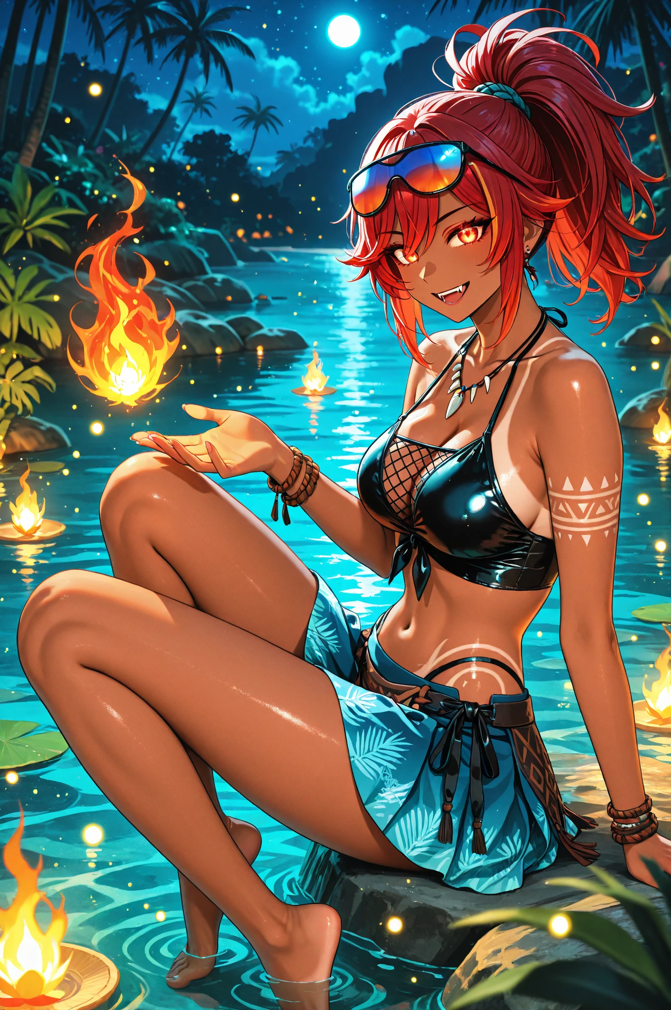 beautiful tanned woman, very small red clothes, short hair made of flames
