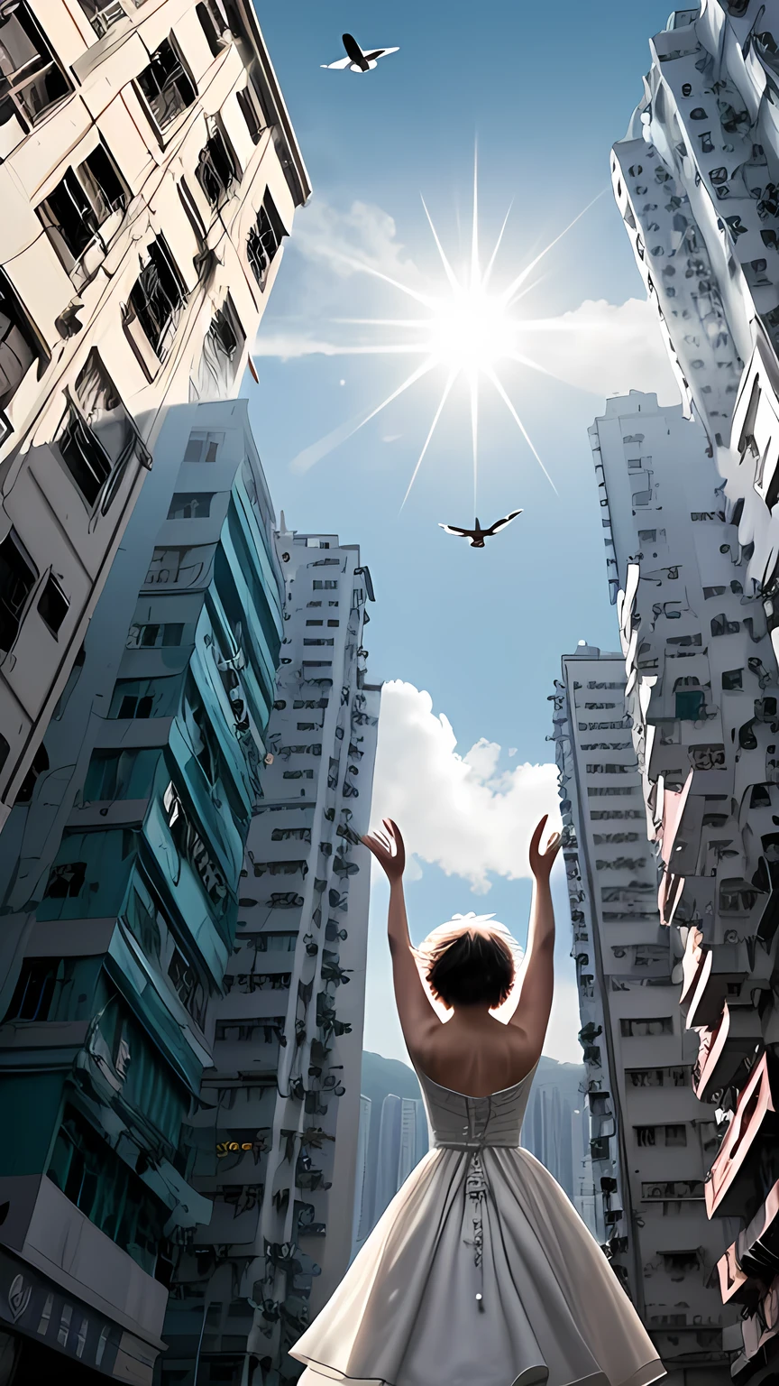 (masterpiece, ultra-detailed, photorealistic, cinematic lighting),
Sally, short silver-white fluffy bob hair,
wearing a white floral dress, light summer fabric fluttering,
standing in Quarry Bay Monster Building (Hong Kong),
back view only, not facing the viewer,
raising her right hand pointing toward the sky,
low-angle shot from below, extreme perspective looking upward,
dynamic wind effect on hair and dress,
sky filled with scattered clouds, sunlight breaking through, birds flying above,
epic urban atmosphere, vivid contrast between dense buildings and open sky