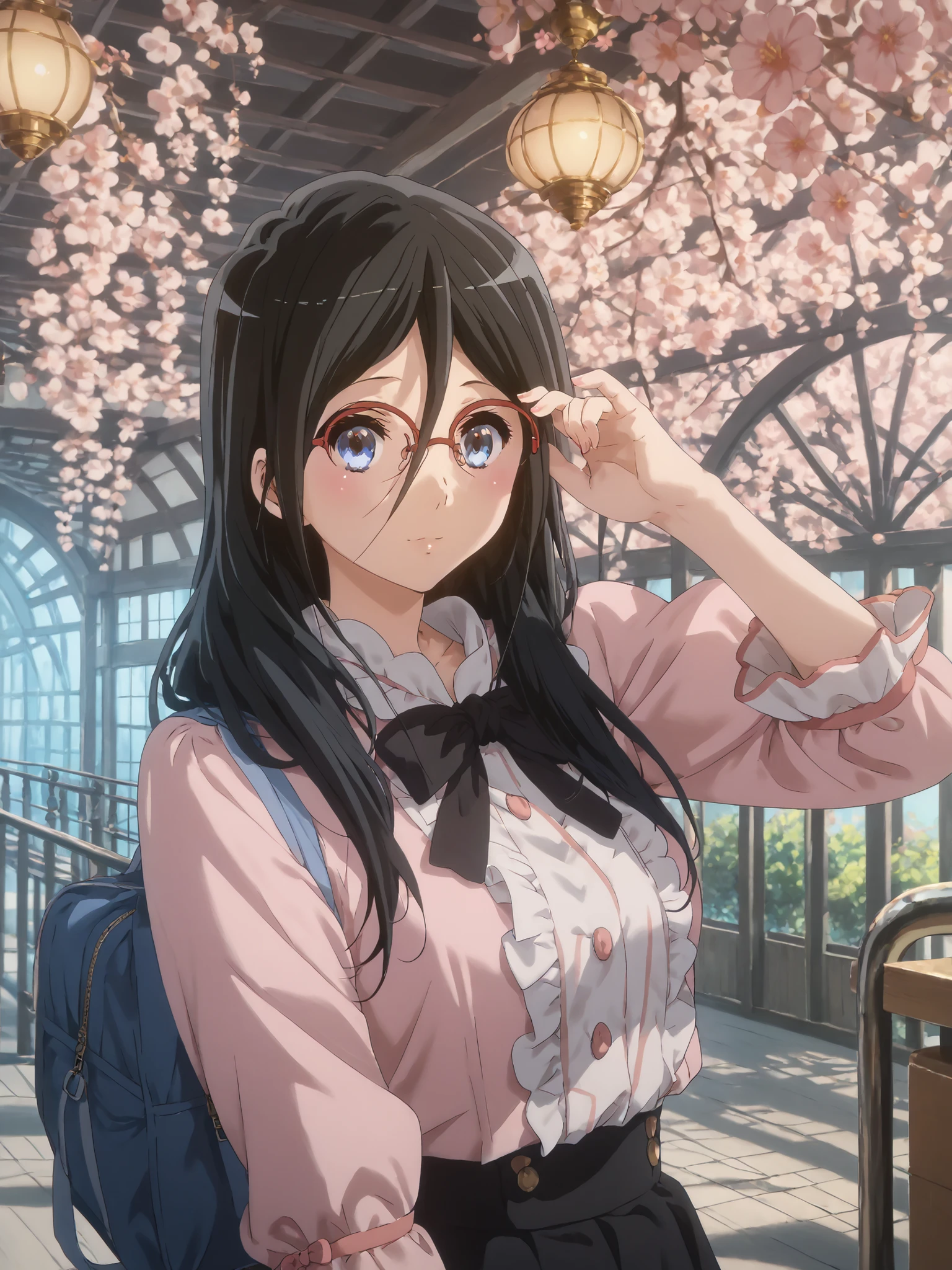 (((inspired by Asuka Tanaka:1.8))),((inspired by Kyoto Animation Style:1.5)),,(masterpiece, best quality),beautiful, beautiful-woman, ((detailed face)).(full body:1.3).,
((black hair)), glasses, blue eyes, long hair, over-rim eye-wear,semi-rimless eye-wear, between eyes .(red-framed glasses:1.2),
,
1-woman.
The woman is wearing jirai-kei fashion,pink frilled shirt with short puff sleeves, black neck ribbon,and high waist skirt ,jirai kei, pink shirt, black skirt, twin-tail,