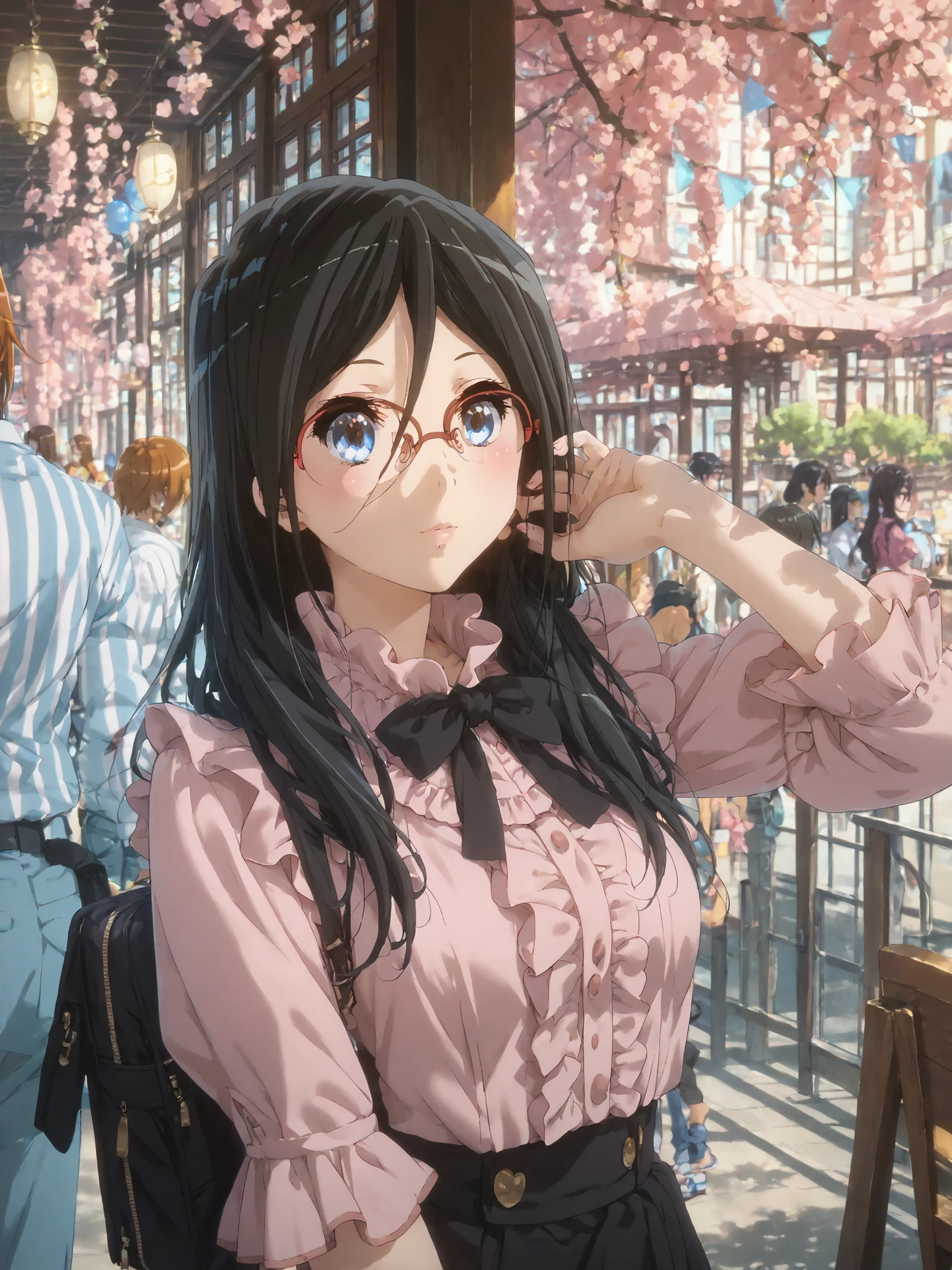 (((inspired by Asuka Tanaka:1.8))),((inspired by Kyoto Animation Style:1.5)),,(masterpiece, best quality),beautiful, beautiful-woman, ((detailed face)).(full body:1.3).,
((black hair)), glasses, blue eyes, long hair, over-rim eye-wear,semi-rimless eye-wear, between eyes .(red-framed glasses:1.2),
,
1-woman.
The woman is wearing jirai-kei fashion,pink frilled shirt with short puff sleeves, black neck ribbon,and high waist skirt ,jirai kei, pink shirt, black skirt, twin-tail,