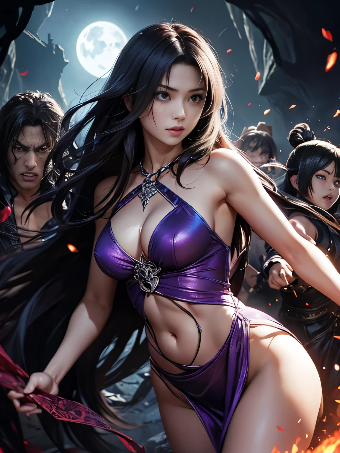 Photorealistic、realistic Japanese anime、torture、 slave、limit、 bondage、captured by monsters 、surrounded by monsters 1 :5、、 beautiful woman with very long purple hair(fluffy hair、Small breasts、slim figure visible to the navel、firm abdomen after confrontation with the devil)、covered with scars、see-through's sexy pure white Celtic dress(sleeveless、deep v-neck、cleavage、with a big slit)、Tears overflow 、desperate look after pregnancy、run away、execution、 multiple ghouls :5、 Many ferocious ghouls have appeared in1:5、ghouls grab arms . ghouls attack from behind、ghouls grab legs、ghoul swarm 1:5、midnight、 darkness、Isekai for puzzles、The Black Caves、 Dark Fantasy 、Pitch Black Hell