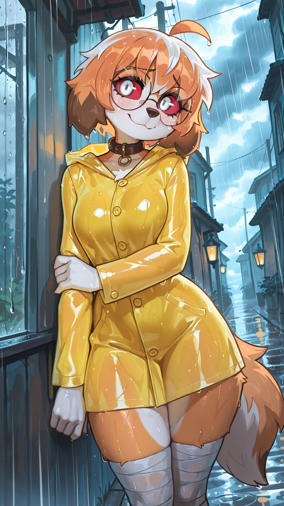 masterpiece, best quality, amazing quality, very aesthetic, high resolution, ultra-detailed, absurdres, newest, scenery, 1girl, furry female, tail, female focus, contrast lighting, side lighting, masterpiece, best quality, newest, absurdres, highres, amazing quality, very aesthetic, setting, cute eyes, no lineart, cinematic, dynamic angle, solo, ambient lighting, head tilt, shy smile, nervous expression, sol, dog ears, tail, ahoge, short hair, multicolored hair, orange hair, white hair, red sclera, white eyes, round glasses, hood, raincoat, yellow coat, collar, bandaged leg, medium breasts, hips, thighs, shy expression, rubbing arm, alleyway, under the rain, raining, cloudy sky, leaning againts wall