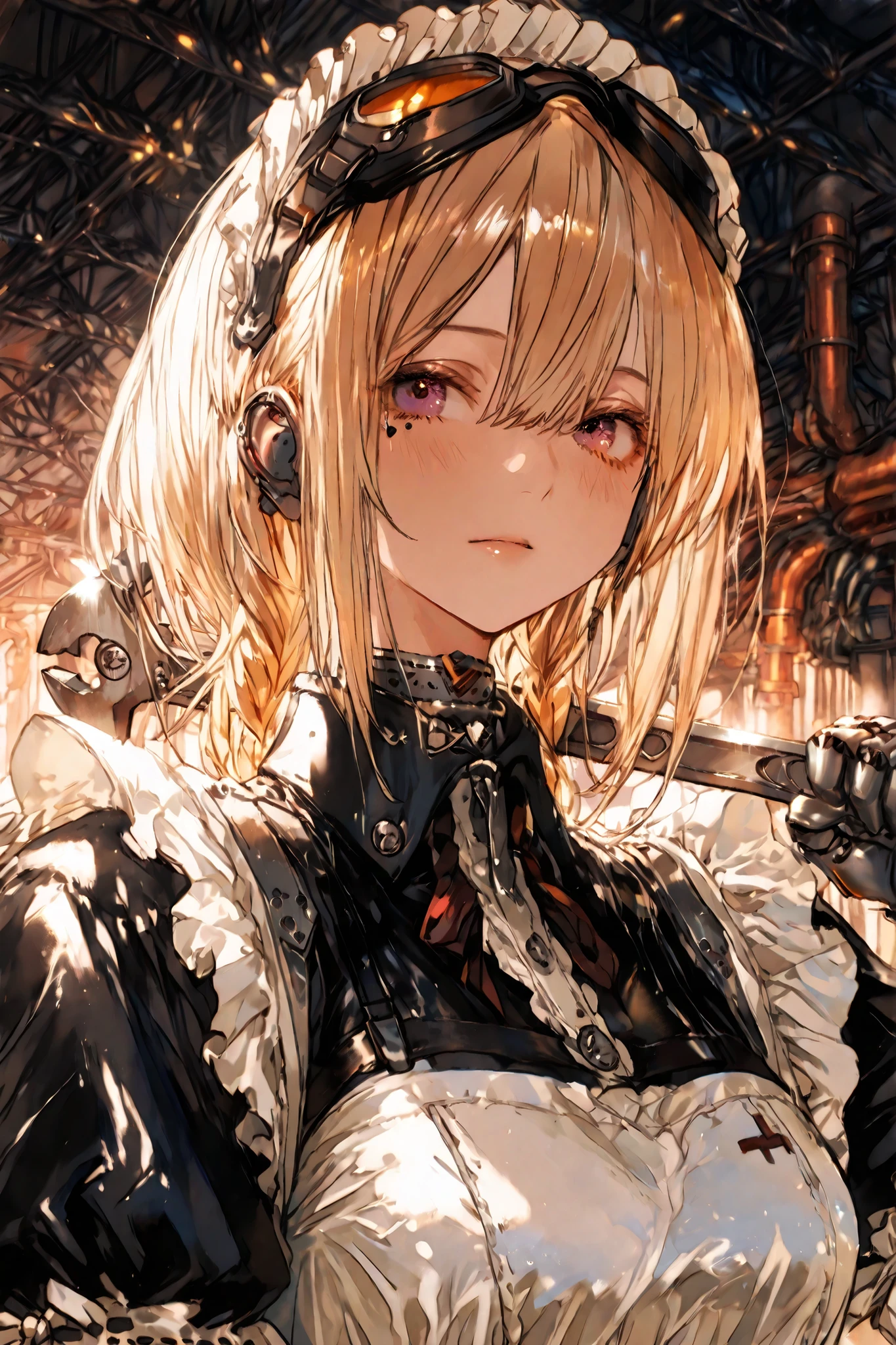 masterpiece,Highest Quality,Super Detailed,high resolution,Slender,high quality、score_9、score_8_up、score_7_up、masterpiece、high quality、Super Detailed、high resolution、high quality、Highest Quality、anime style、masterpieceハイディフィニション、high quality detail、((maid android carries a huge wrench over your shoulder))、maid android with a huge wrench((Mechanical face、 mechanical hand 、Precise Mechanisms、((No expression、Cold Eyes、 mechanical look、work goggles))、leather apron for work、leather gloves for work、Blonde、carry a huge wrench over your shoulder、maid clothes、gothic design)、inside the factory、Industrial Environments、  Mr...々Use lots of tools、Machine Oil Stains、wiring are visible、metallic texture、industrial atmosphere、An accurate depiction of、8k resolution、masterpiece、  machine details  、Metal Reflection、Steelpunk、The husband of an adulterous wife、upper body