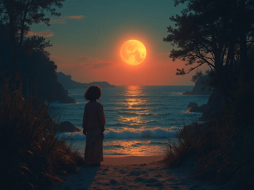 image taken from the back of Luffy with some redish fire walking on water toward the moon while the sky is full of stars having a motivational, mysterious and inspiring theme make it a bit cinematic like a hero entrance